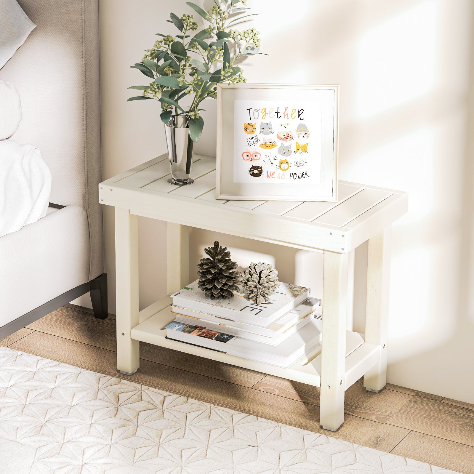 2-Tier Heavy Duty HDPE Shower Chair with Storage Shelf and Anti-slip Foot Pads-White