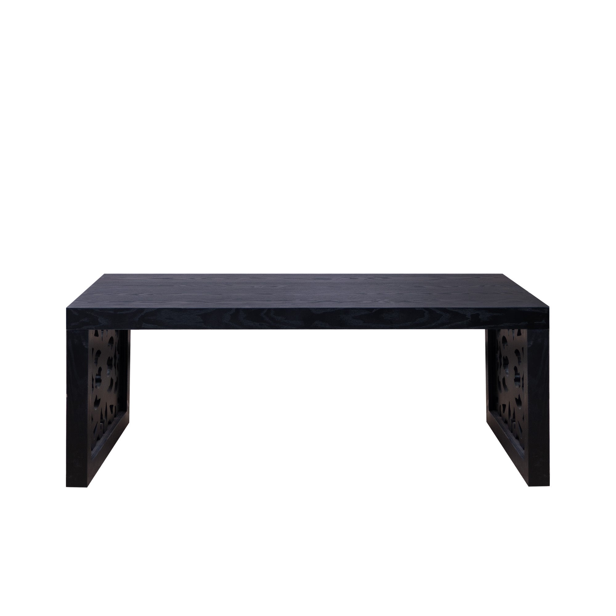 47.2" Solid Black Carved Wood Coffee Table – Handcrafted Look with Ornate Side Panels