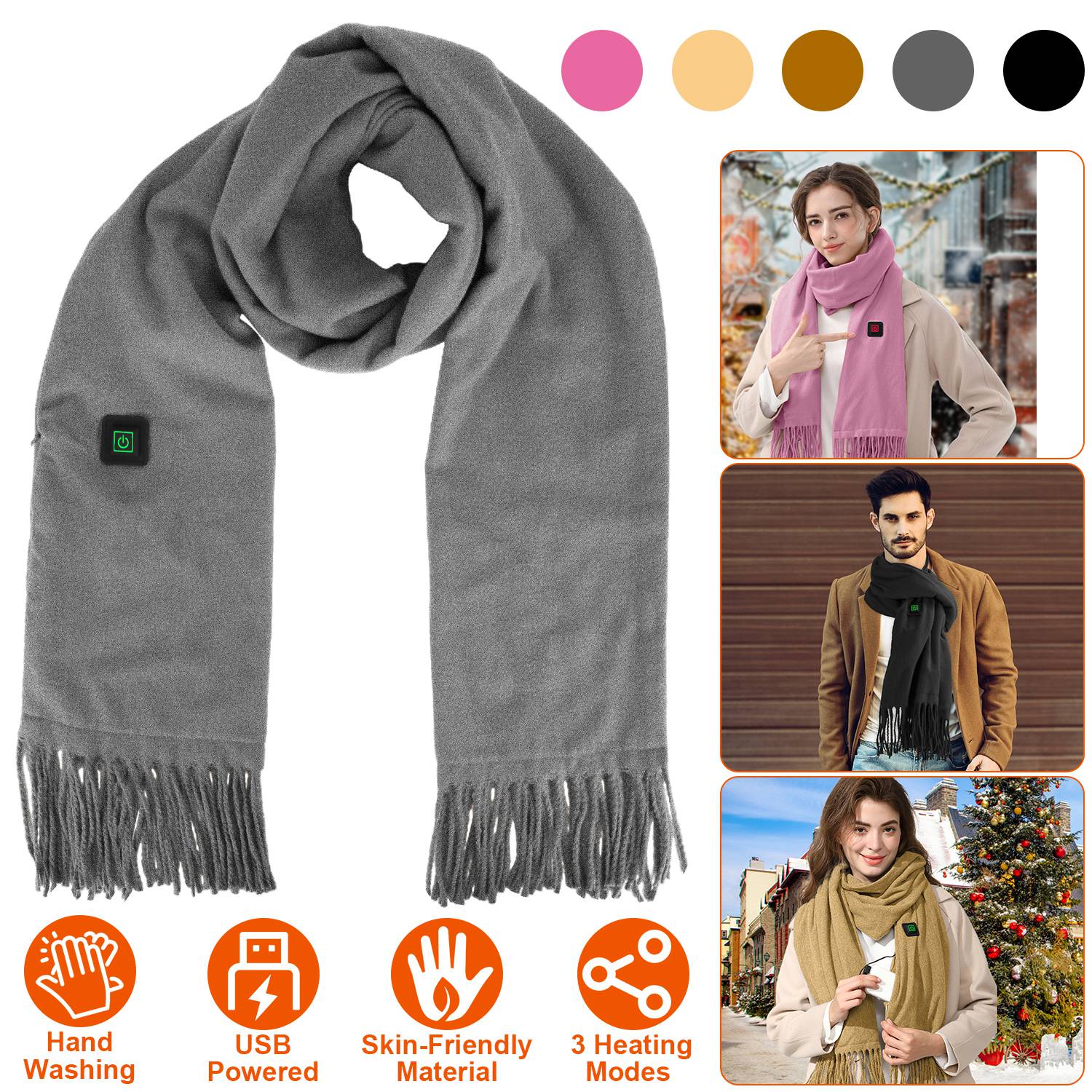 Electric Heated Winter Scarf USB Heating Neck Wrap Unisex Heated Neck Shawl Soft Warm Scarves 3 Heating Modes for Outdoor Cycling Skiing Skating
