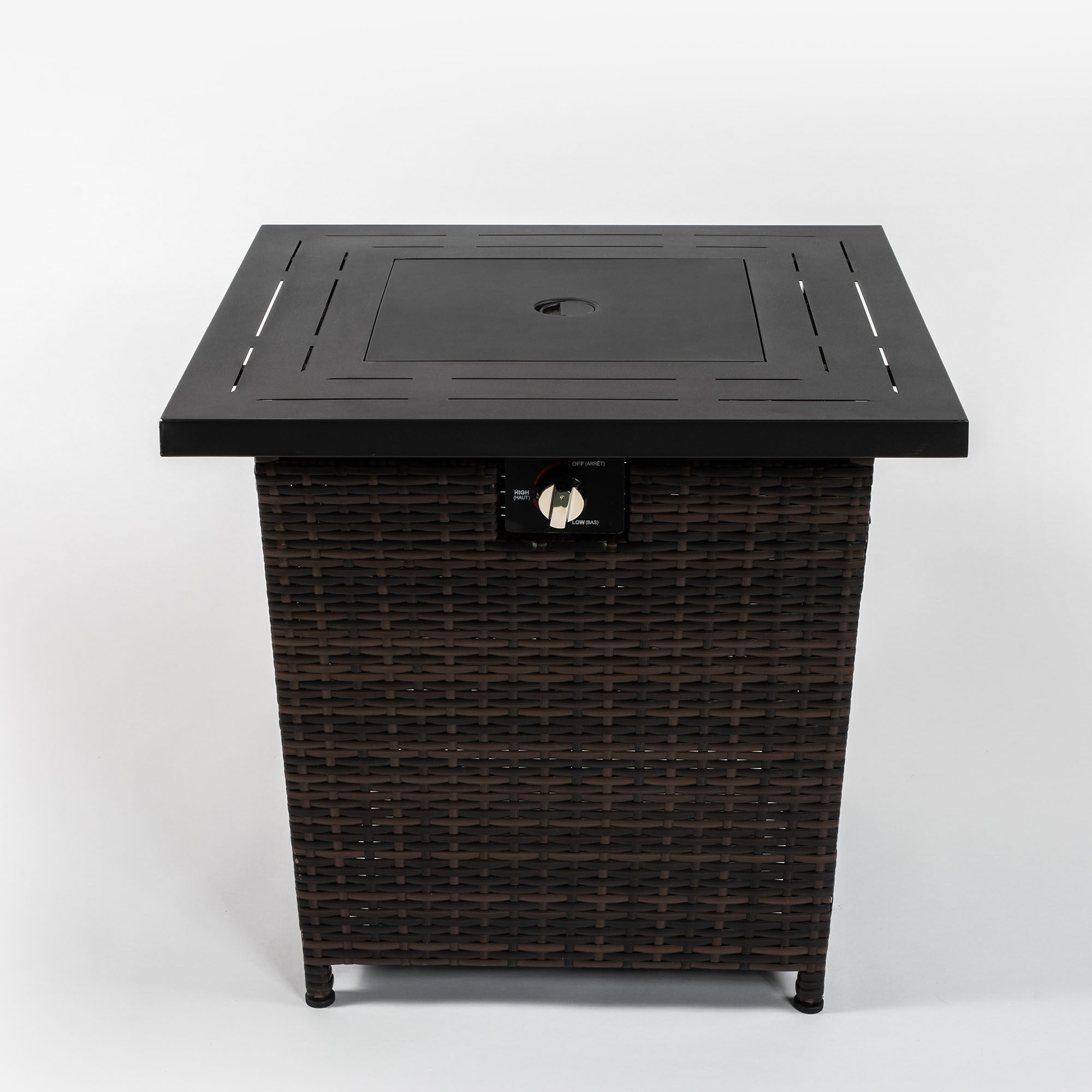 28-Inch Black Wicker Outdoor Propane Gas Fire Pit Table with Steel Top