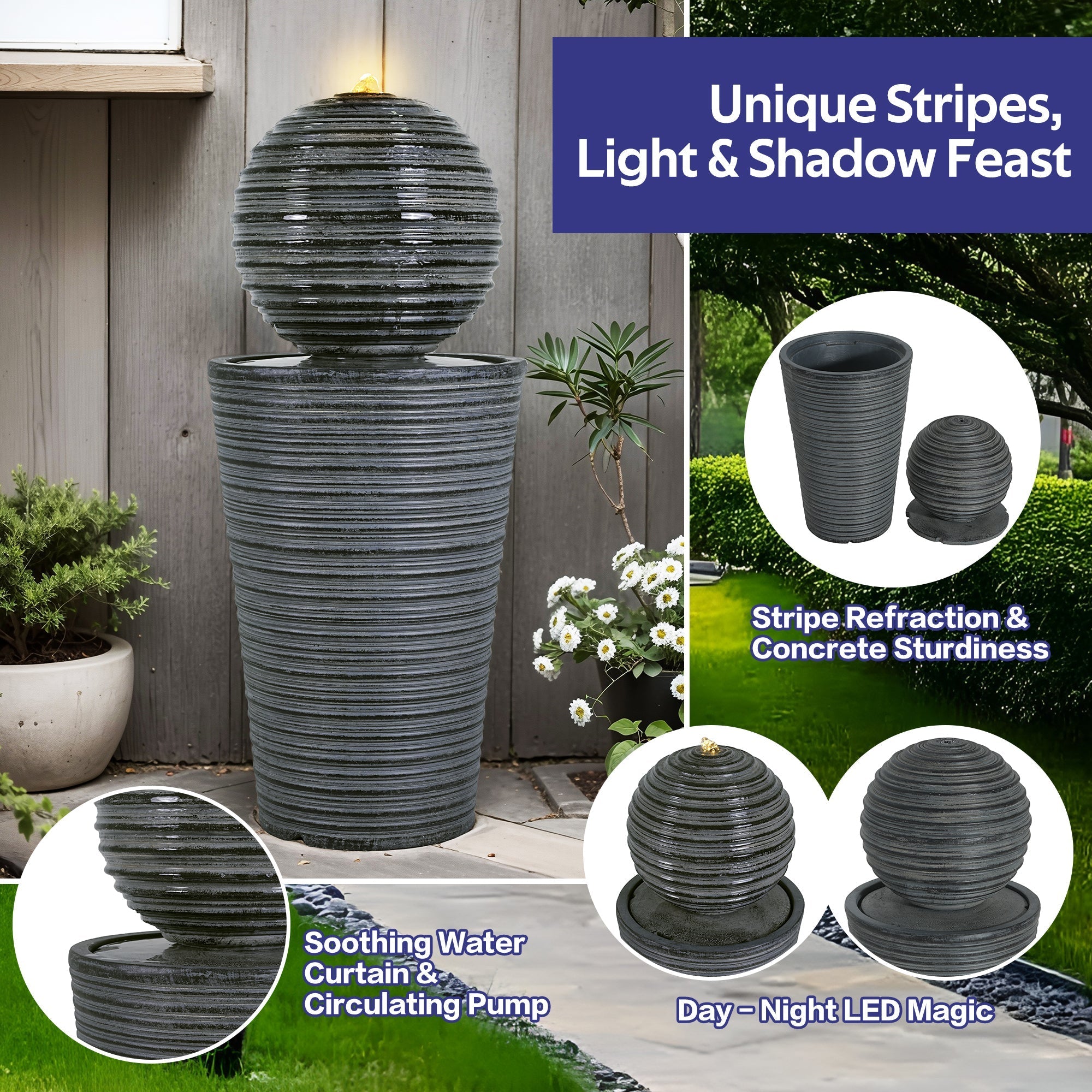 31.5' Tall Striped Concrete Column Fountain with LED Light