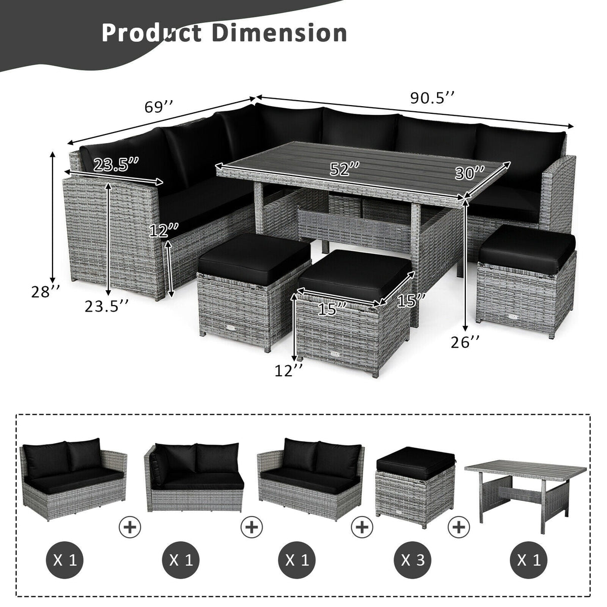 7 Pieces Patio Rattan Dining Furniture Sectional Sofa Set with Wicker Ottoman