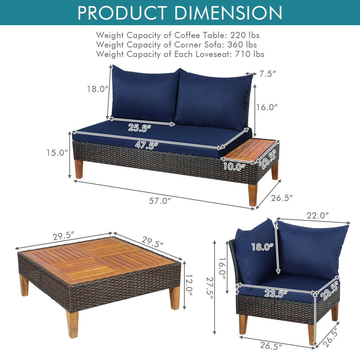 4 Pieces Patio Cushioned Rattan Furniture Set with Wooden Side Table