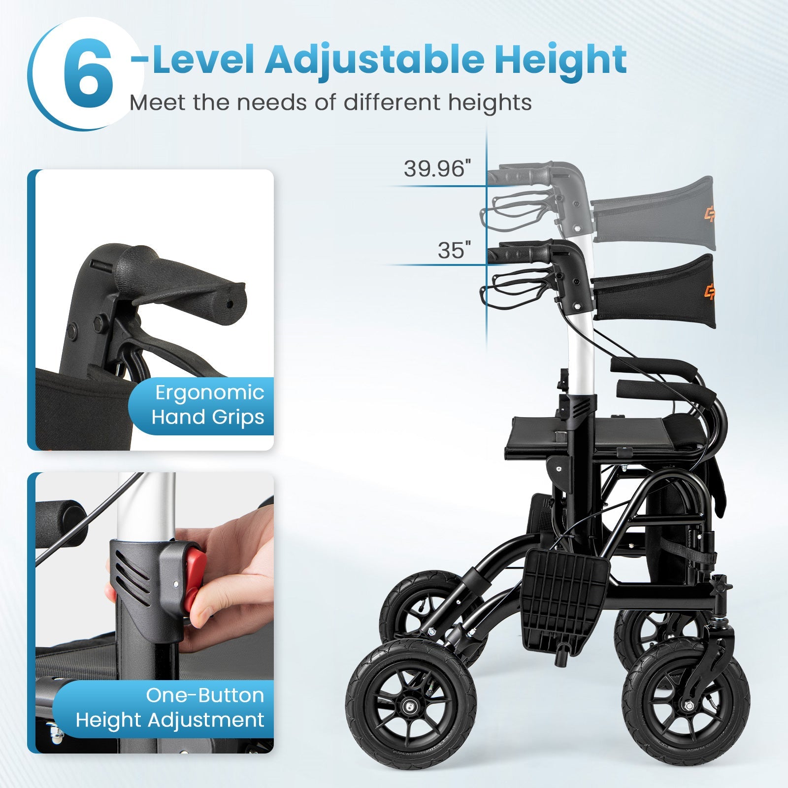 2-in-1 Foldable Rollator Walker with Seat abd 9 Inch Pneumatic Tires for Seniors-Black