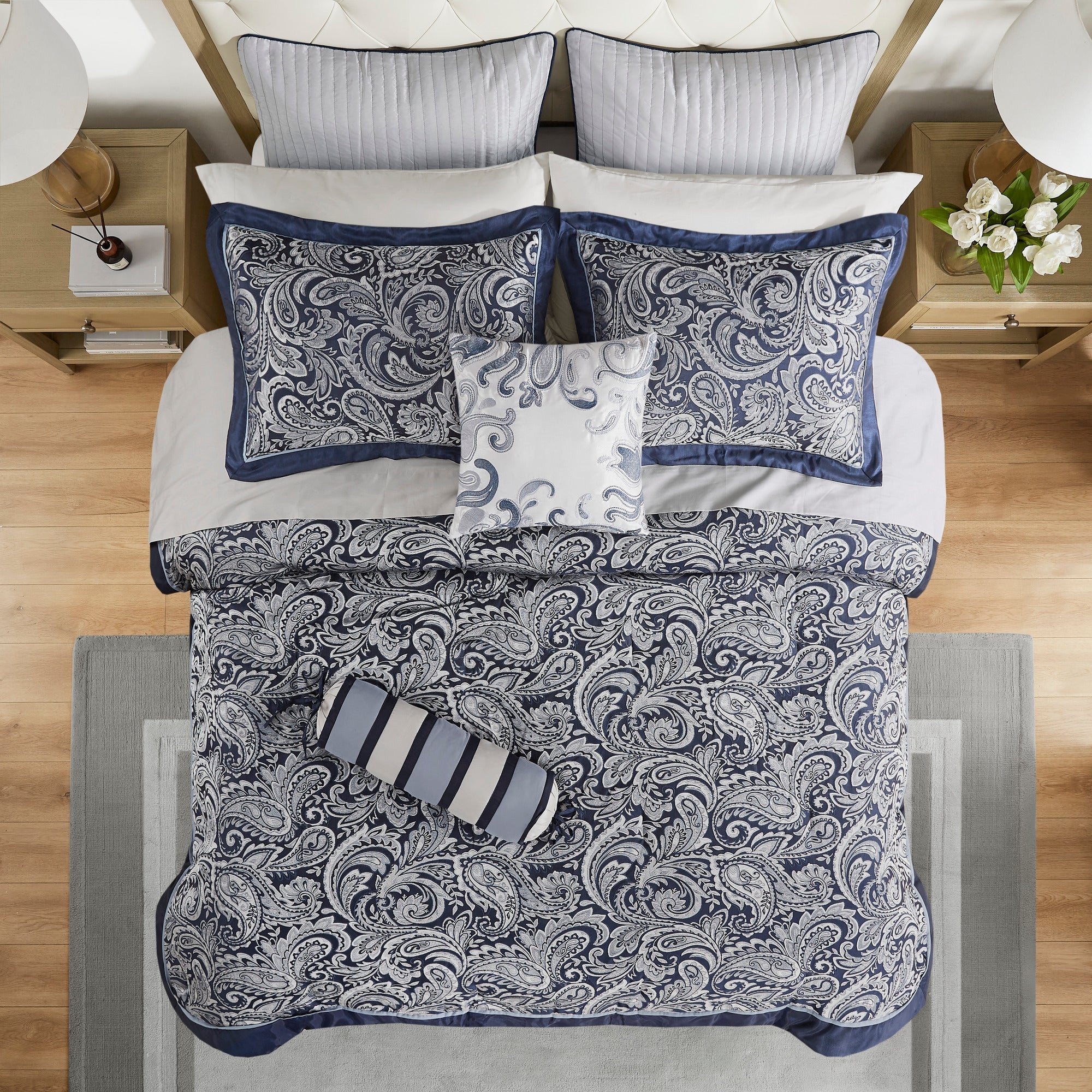 12 Piece Comforter Set with Cotton Bed Sheets Navy Queen
