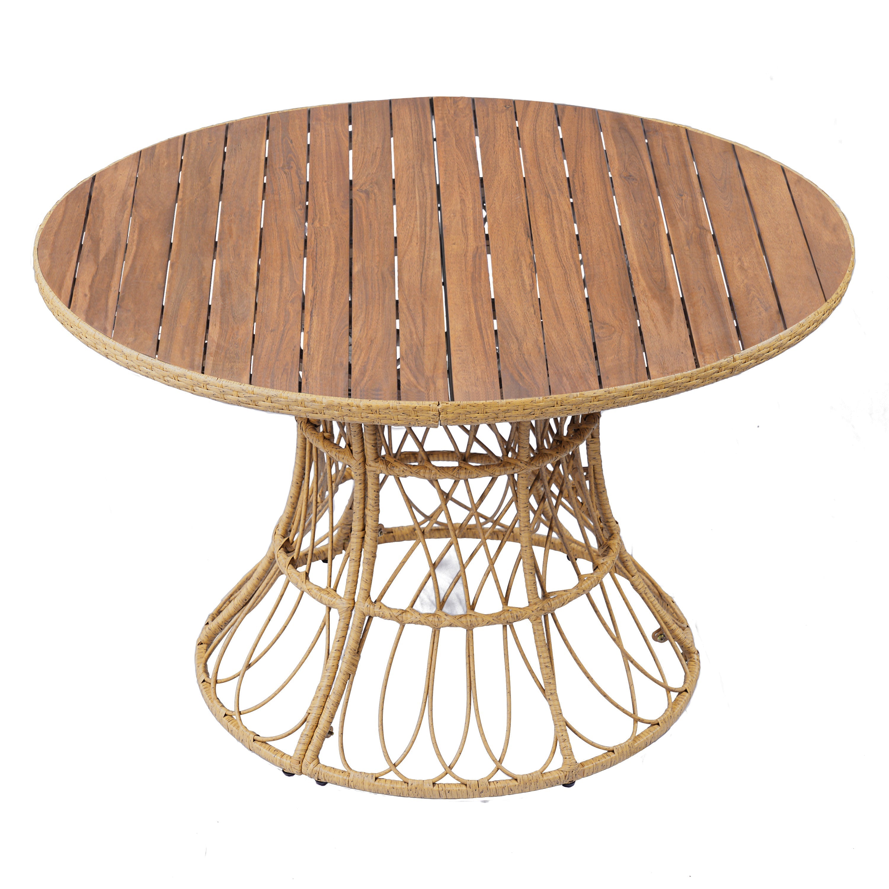 5-Piece Outdoor Dining Set: Teak Finish Round Acacia Wood Table & 4 Wicker Armchairs