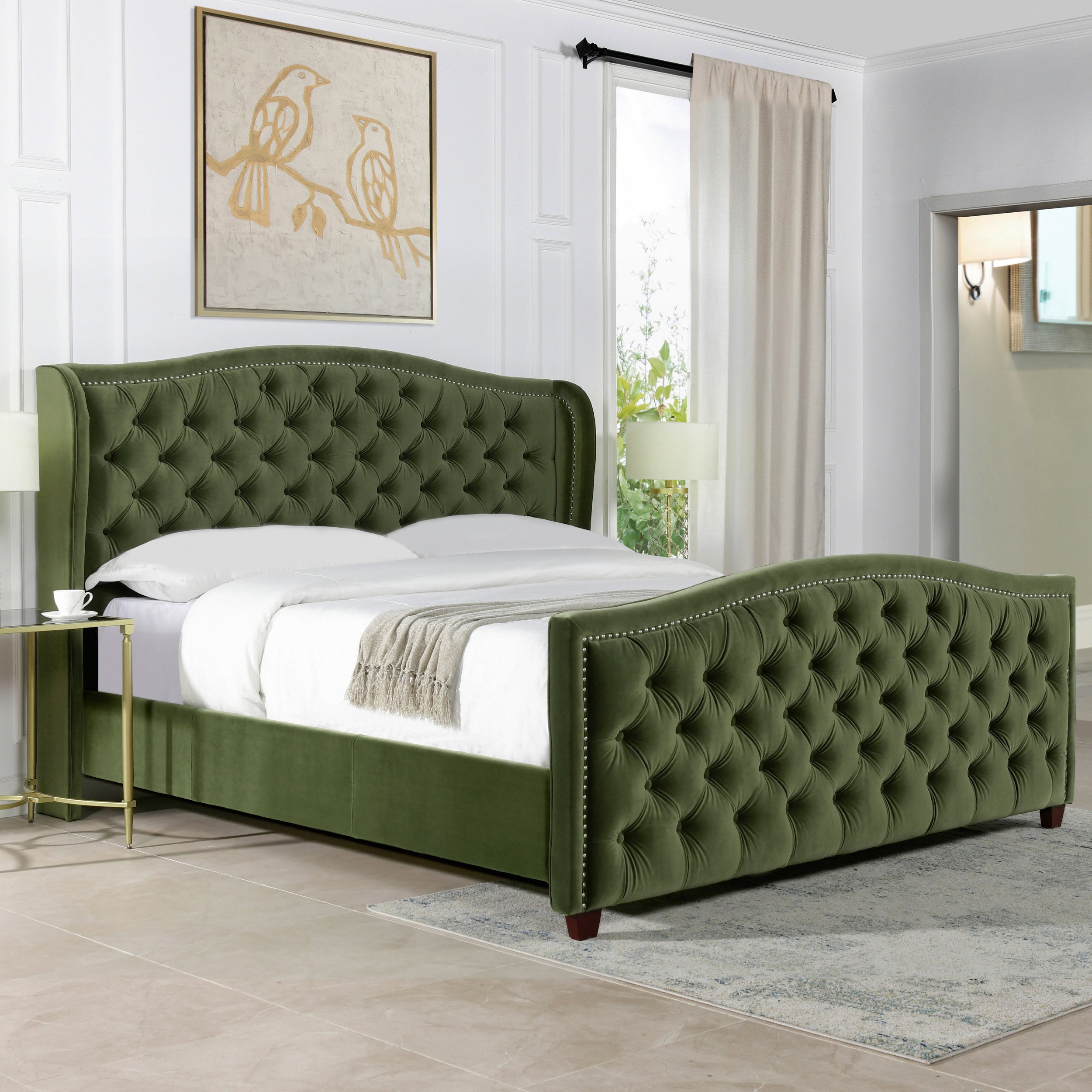 Marcella Upholstered Shelter Headboard Bed Set, King, Olive Green Performance Velvet