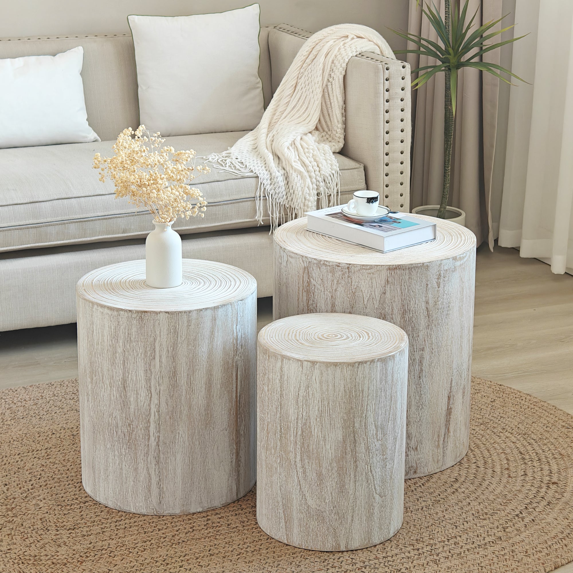 Set of 3 Rounded Wood Coffee Tables with Whitewashed Wood Finish