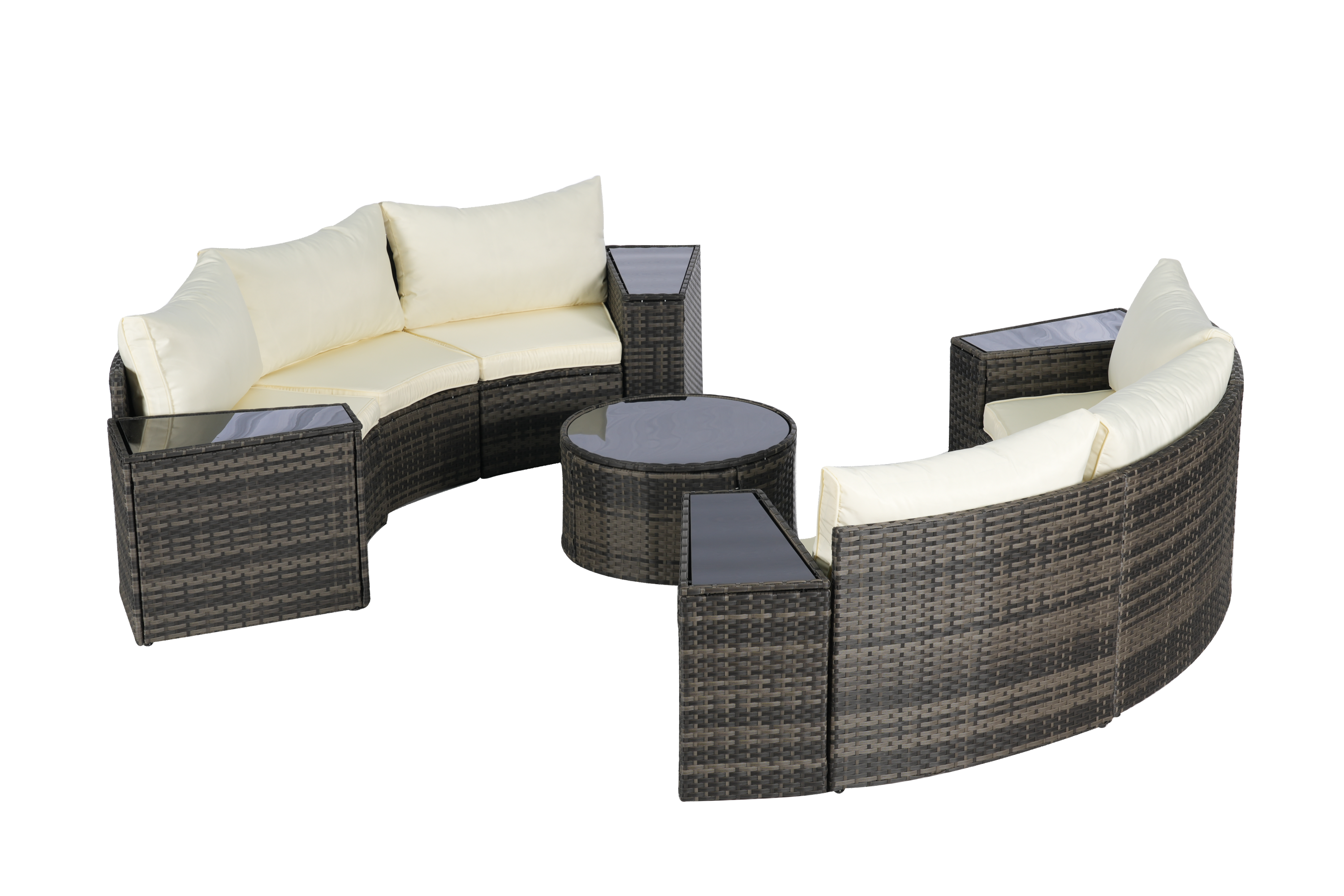 Outdoor Patio Furniture 11-Piece Half-Moon Sectional Round Patio Set Sofa with Tempered Glass Round Coffee Table