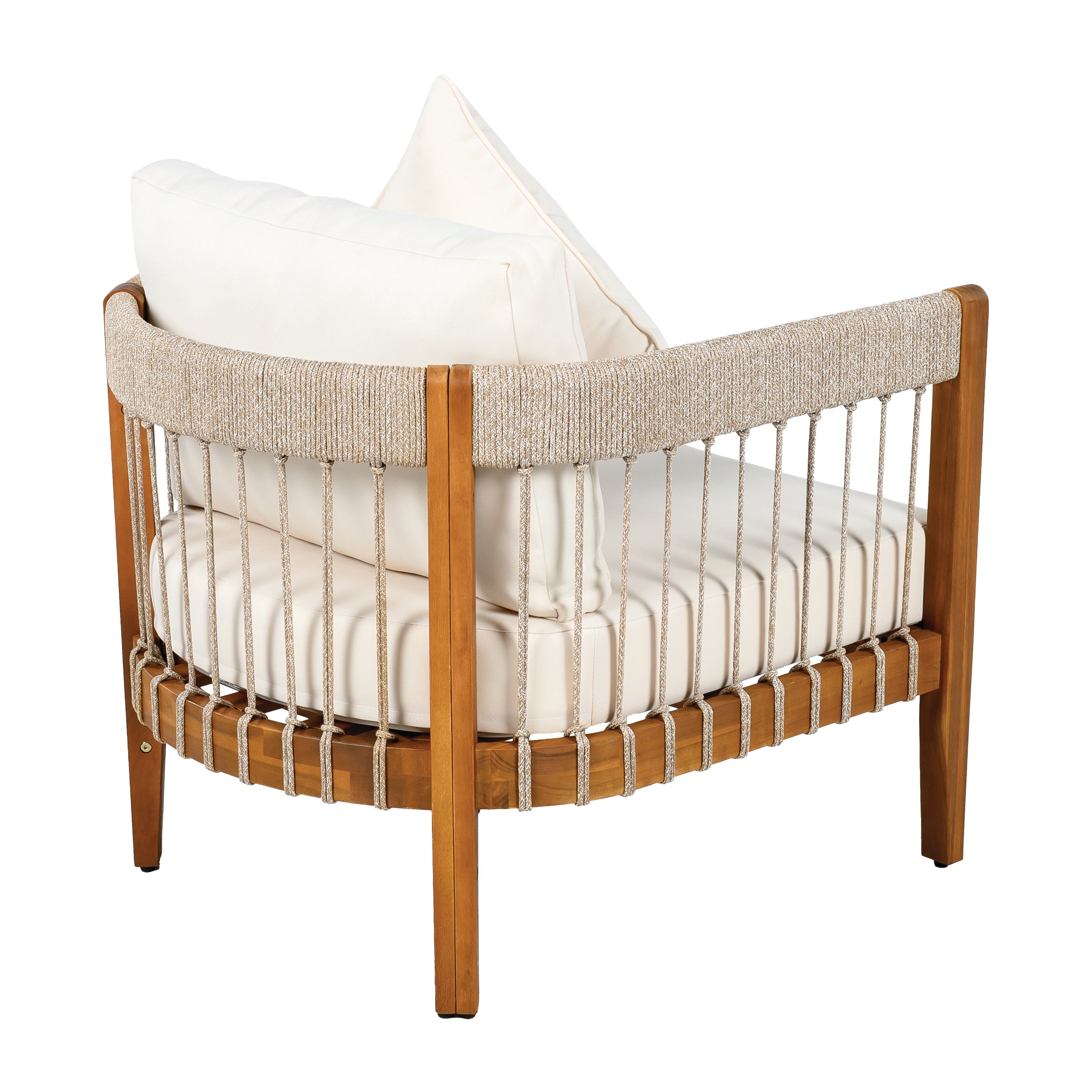Acacia Wood Outdoor Club Chair with Handwoven Rope Accents & Curved Backrest