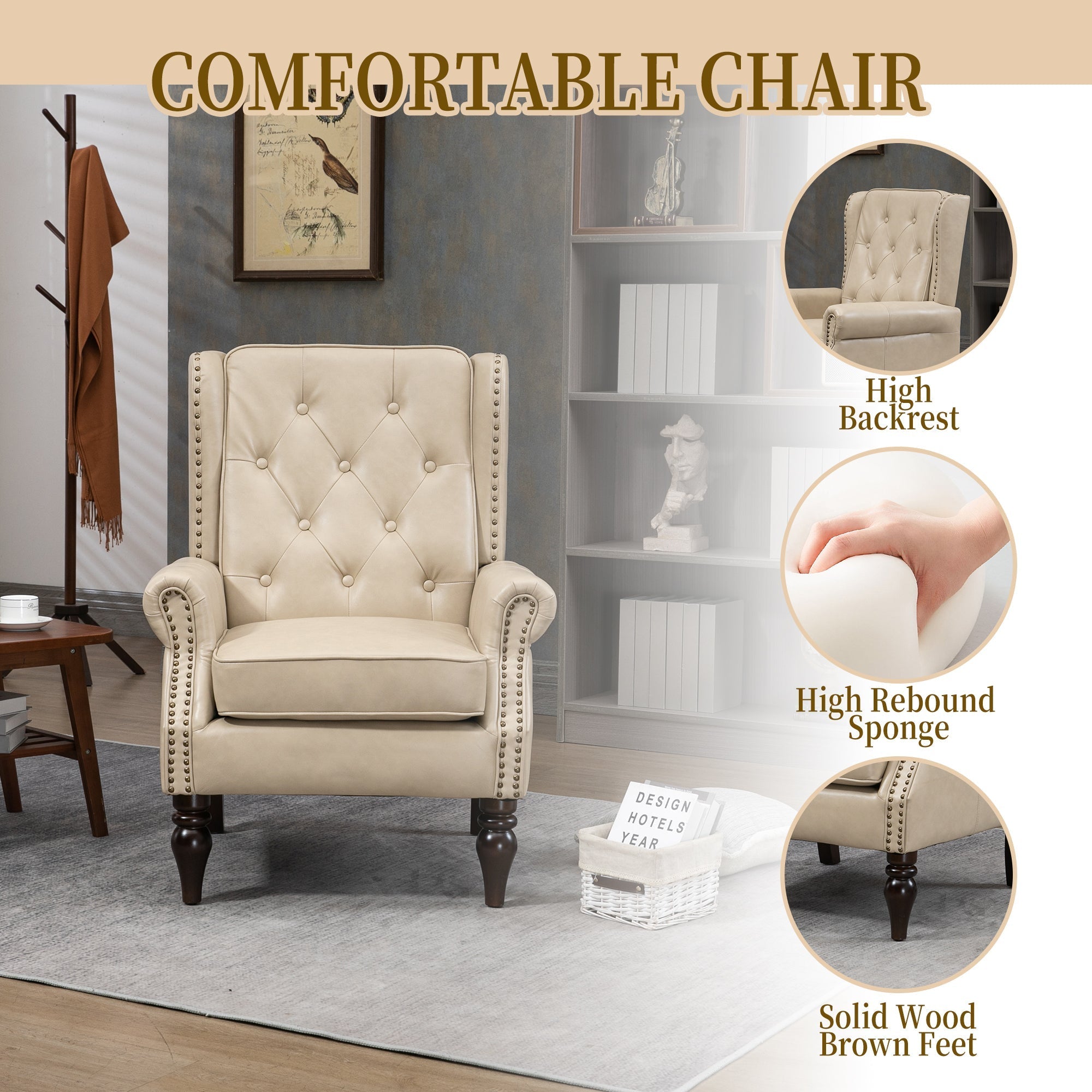 Modern Accent Chair Lounge Chair with Sturdy Wood Legs in Camel PU Leather