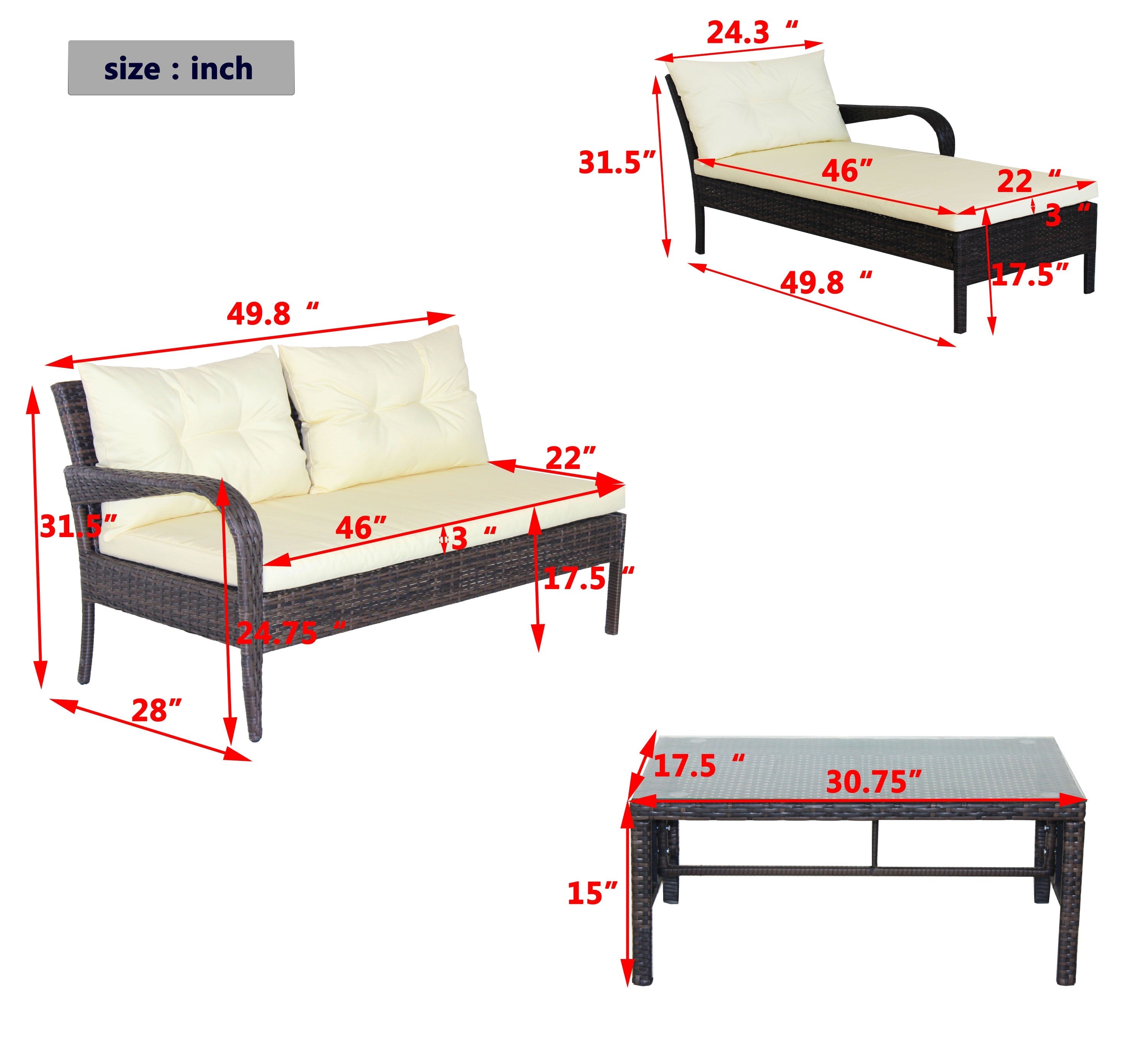 Outdoor Patio Furniture 3-Piece Conversation Set (Beige Cushion)