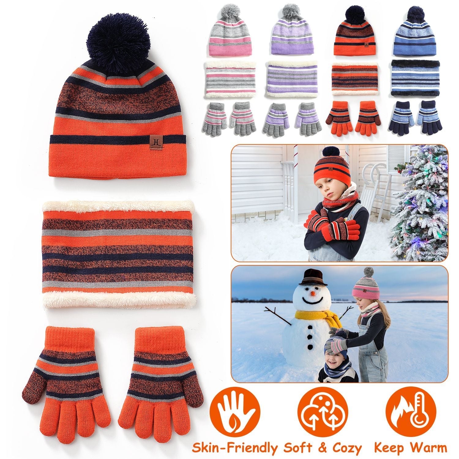 Winter Kids Knitted Hat Scarf Gloves 3Pcs Boys Girls