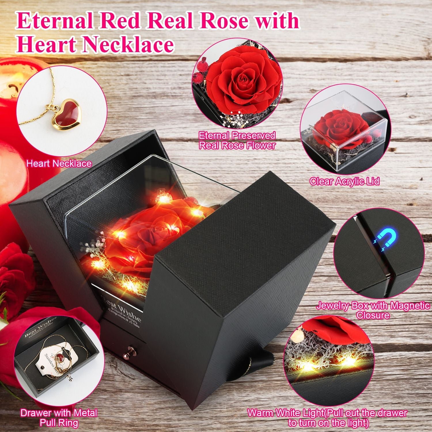Preserved Red Real Rose with Heart Necklace