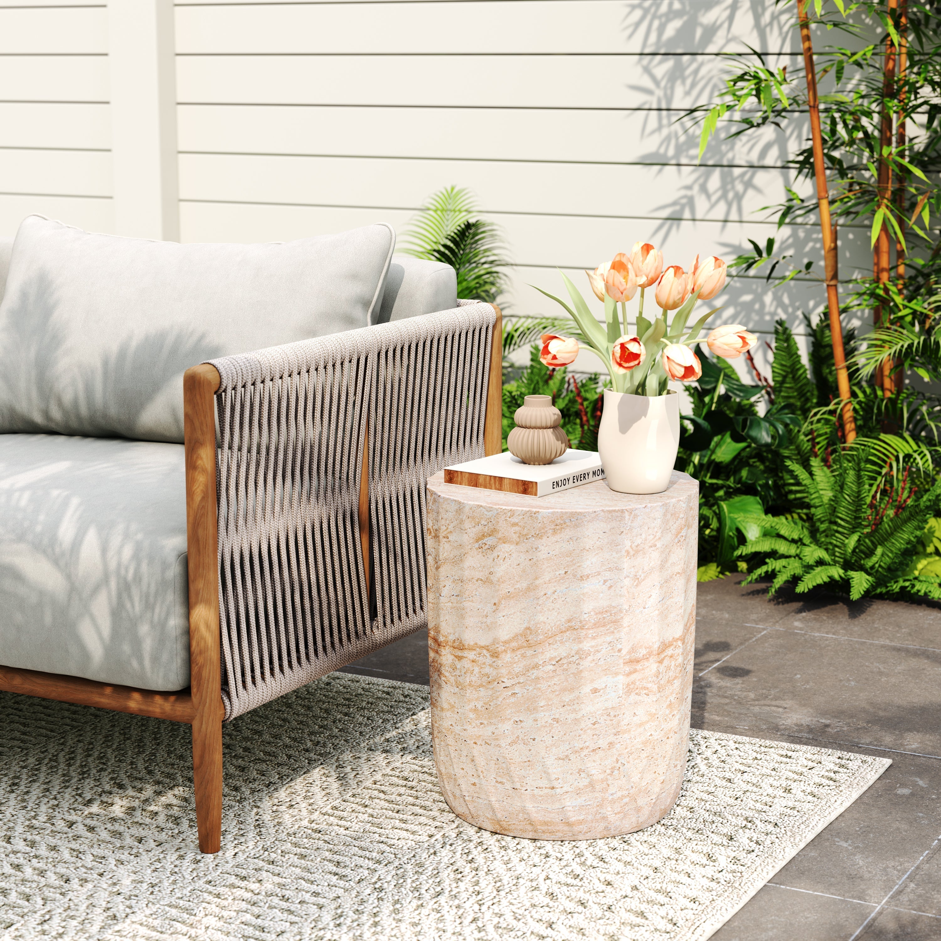 Elegant Indoor/Outdoor Lightweight Concrete Cylinder Side Table with Travertine Finish
