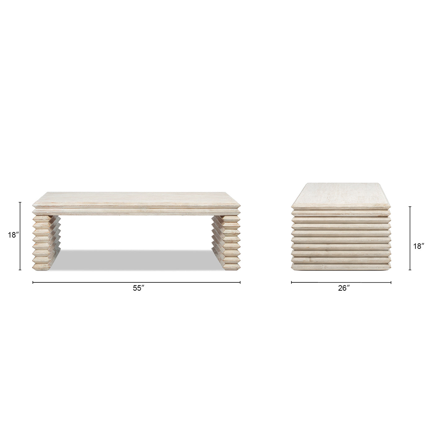 Veda 55' Reclaimed Wood Stacked Geometric Waterfall Coffee Table, Whitewashed Natural Reclaimed Pine Wood