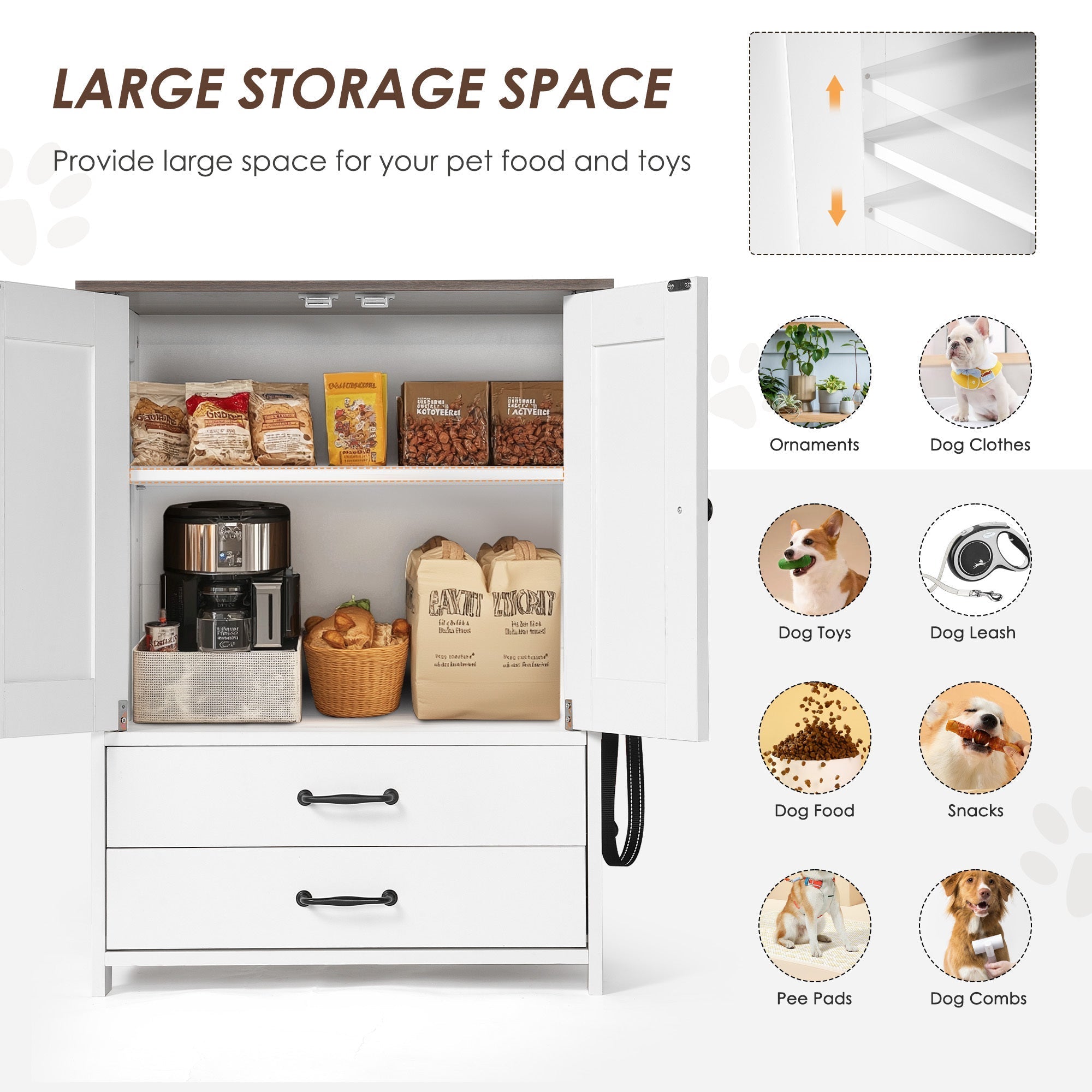 Dog Feeding Station Double Door Locker with 2 Adjustable Dog Bowls White
