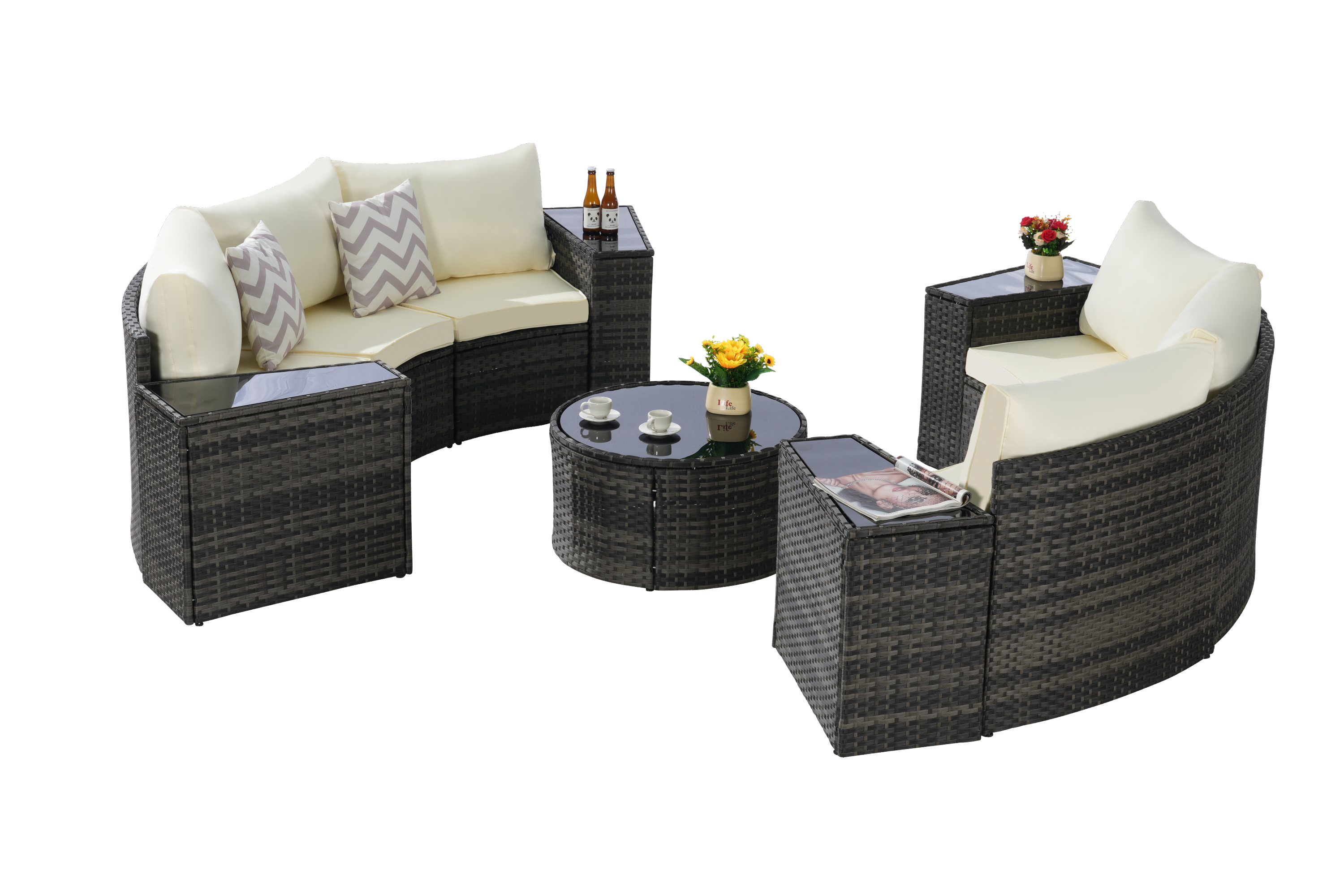 Outdoor Patio Furniture 11-Piece Half-Moon Sectional Round Patio Set Sofa with Tempered Glass Round Coffee Table