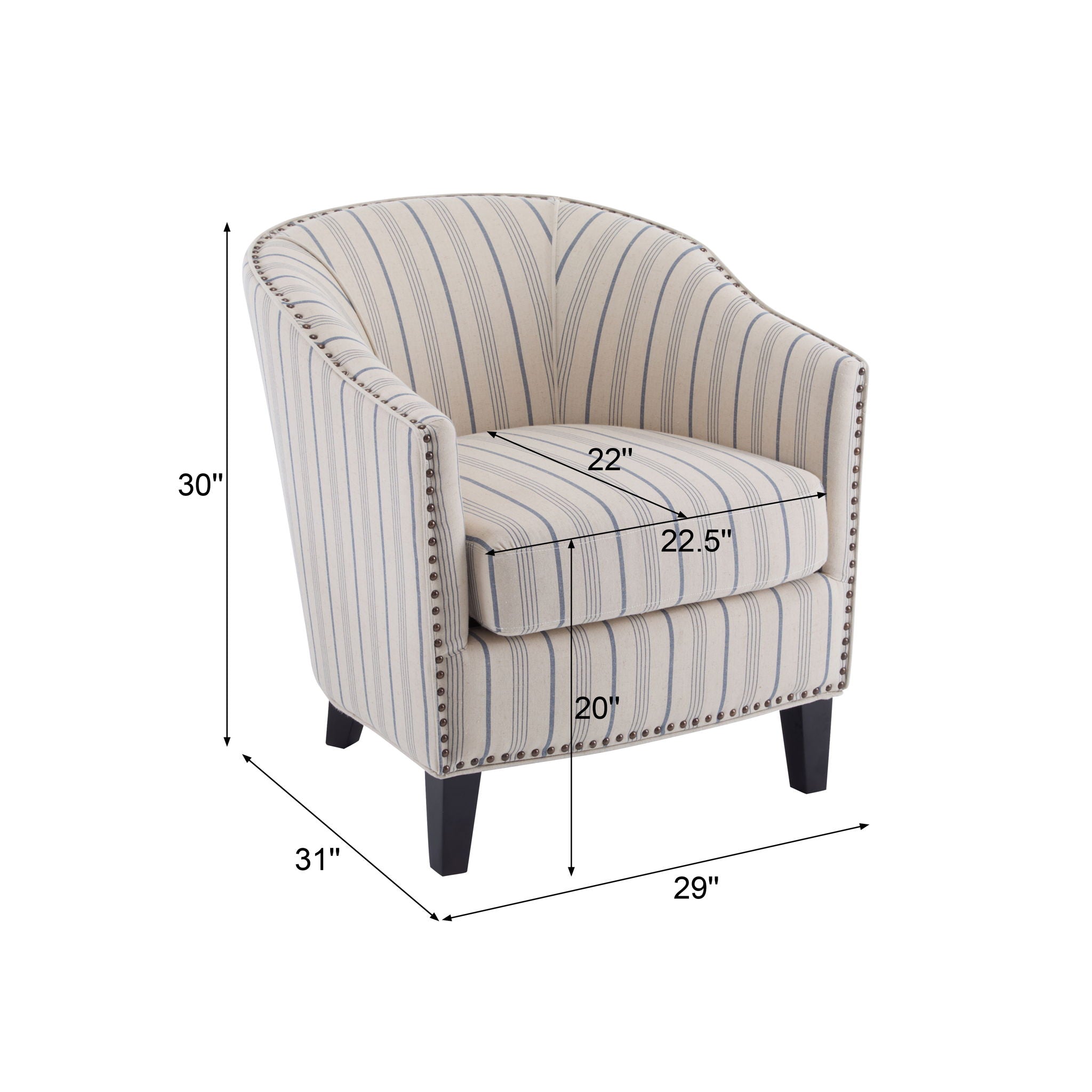 Transitional Upholstered Stripe Barrel Chair with Birch Wood Legs