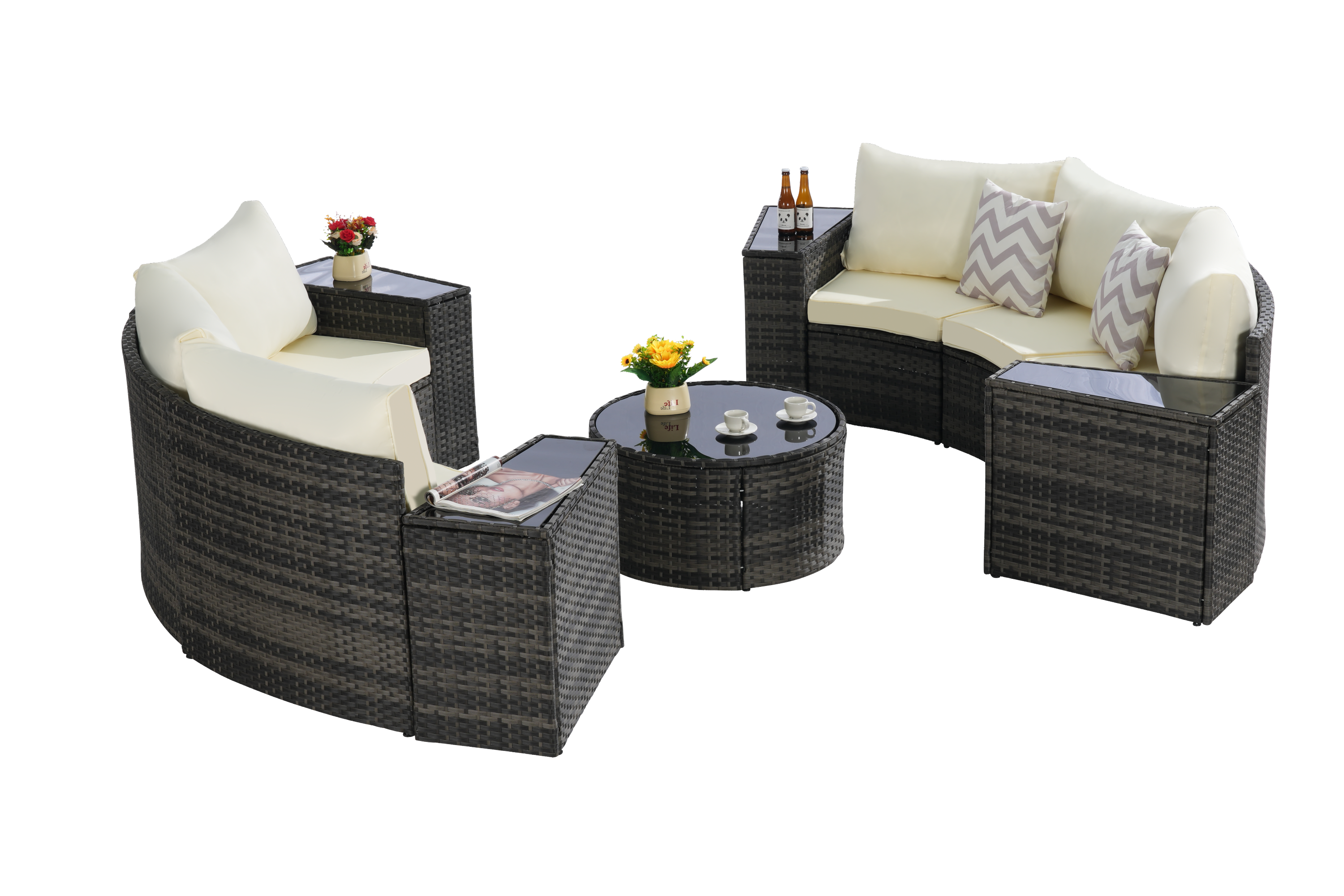 Outdoor Patio Furniture 11-Piece Half-Moon Sectional Round Patio Set Sofa with Tempered Glass Round Coffee Table