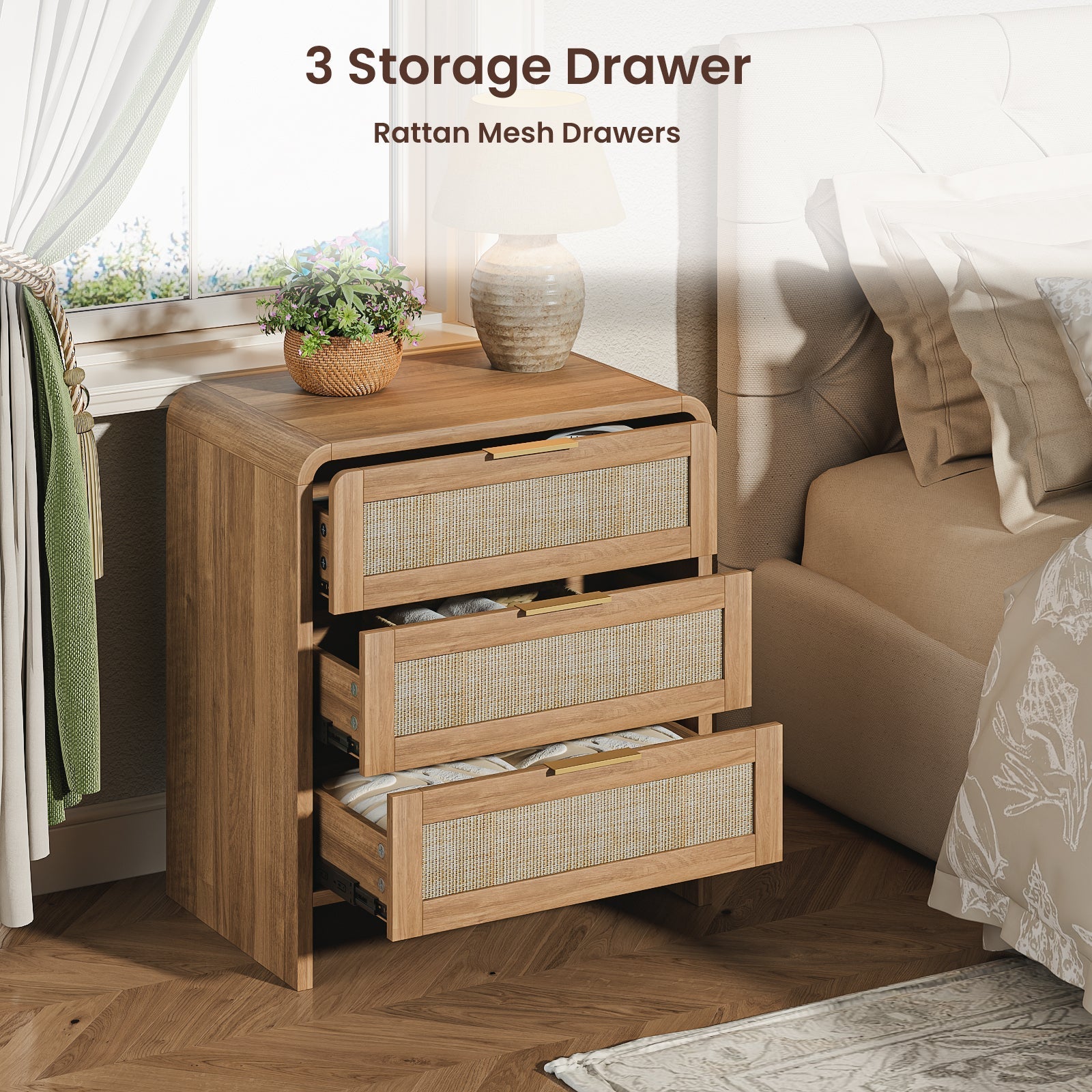 Rattan Nightstand with 3 Drawers set of 2, 22.8' Wide Curved Wooden Bedside Table, Modern Storage for Bedroom, Caramel Oak.