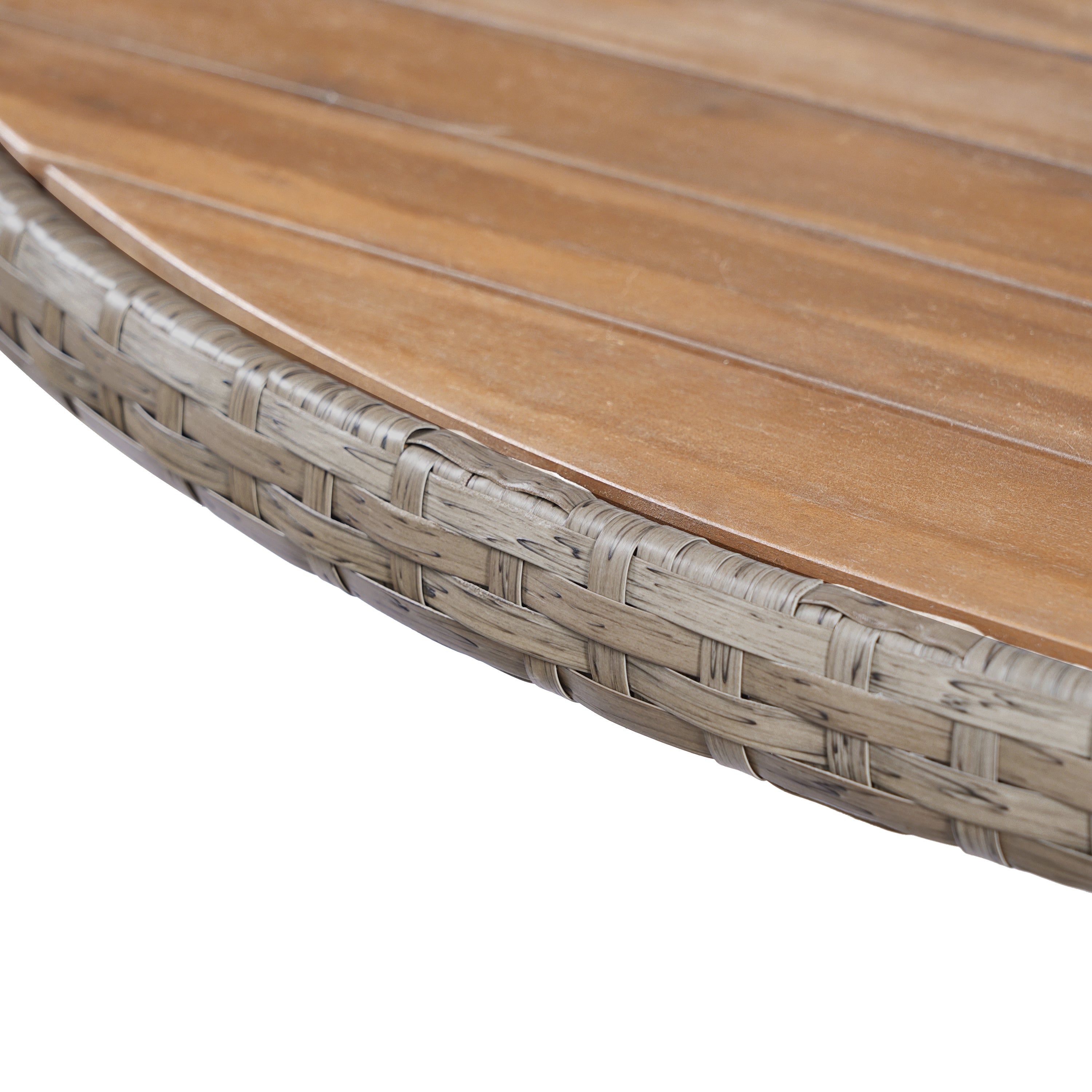 5-Piece Outdoor Dining Set: Brown Round Acacia Wood Table & 4 Brown Wicker Armchairs