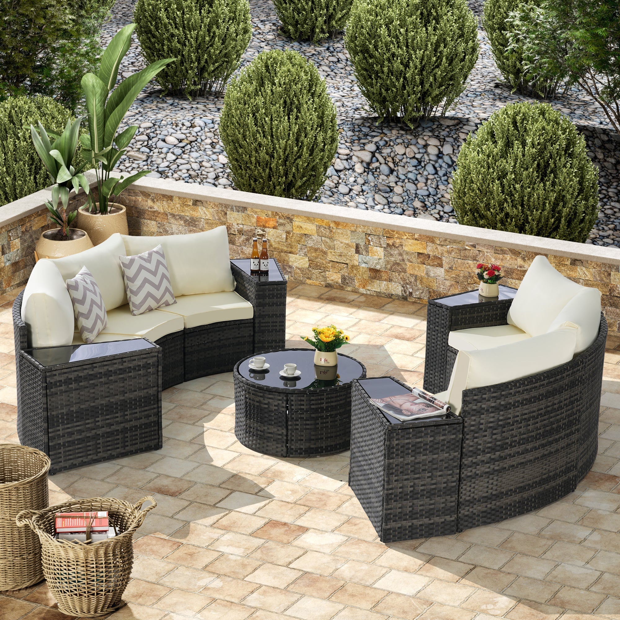 Outdoor Patio Furniture 11-Piece Half-Moon Sectional Round Patio Set Sofa with Tempered Glass Round Coffee Table