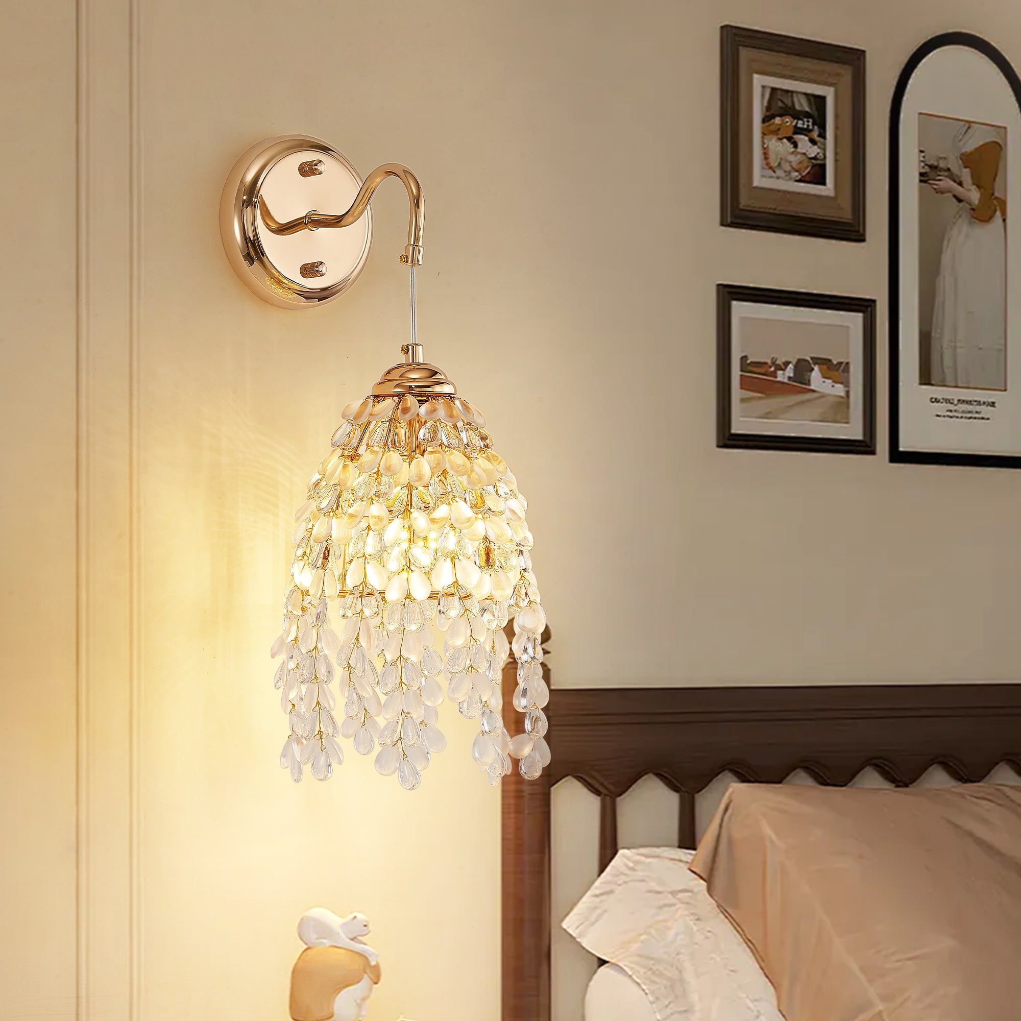 Set of 2 Gold Frame Crystal Grape-Shaped Bead Wall Sconces