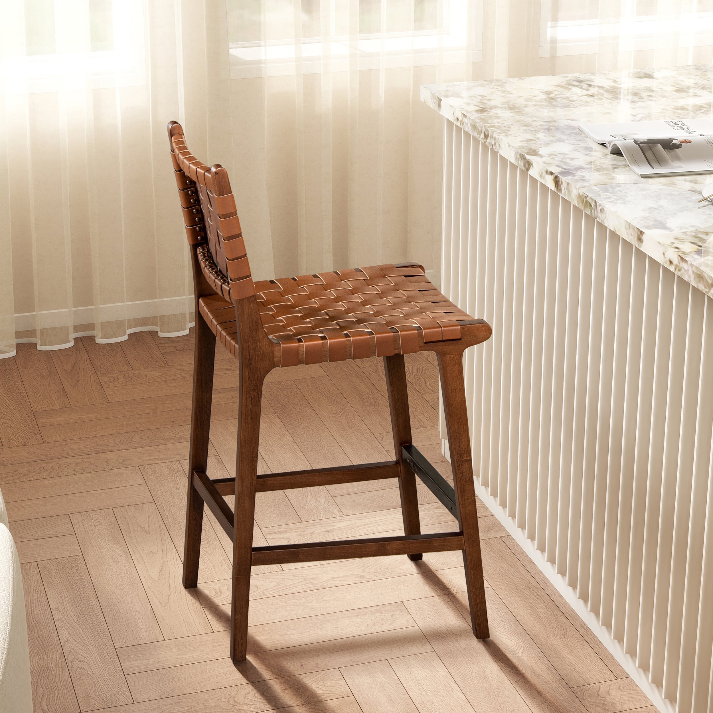 Andre 26' Woven Leather Counter Stool with Back, Pecan Brown Faux Leather