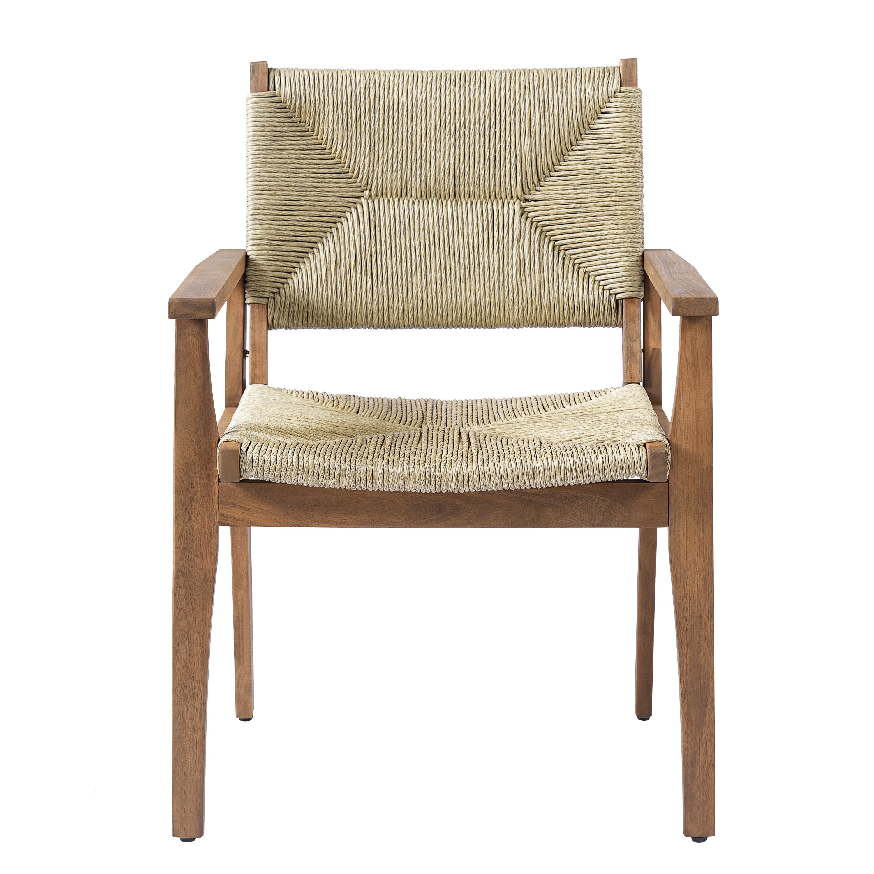 5-Piece Outdoor Dining Set: Teak Finish Round Acacia Wood Table & 4 Wicker Armchairs