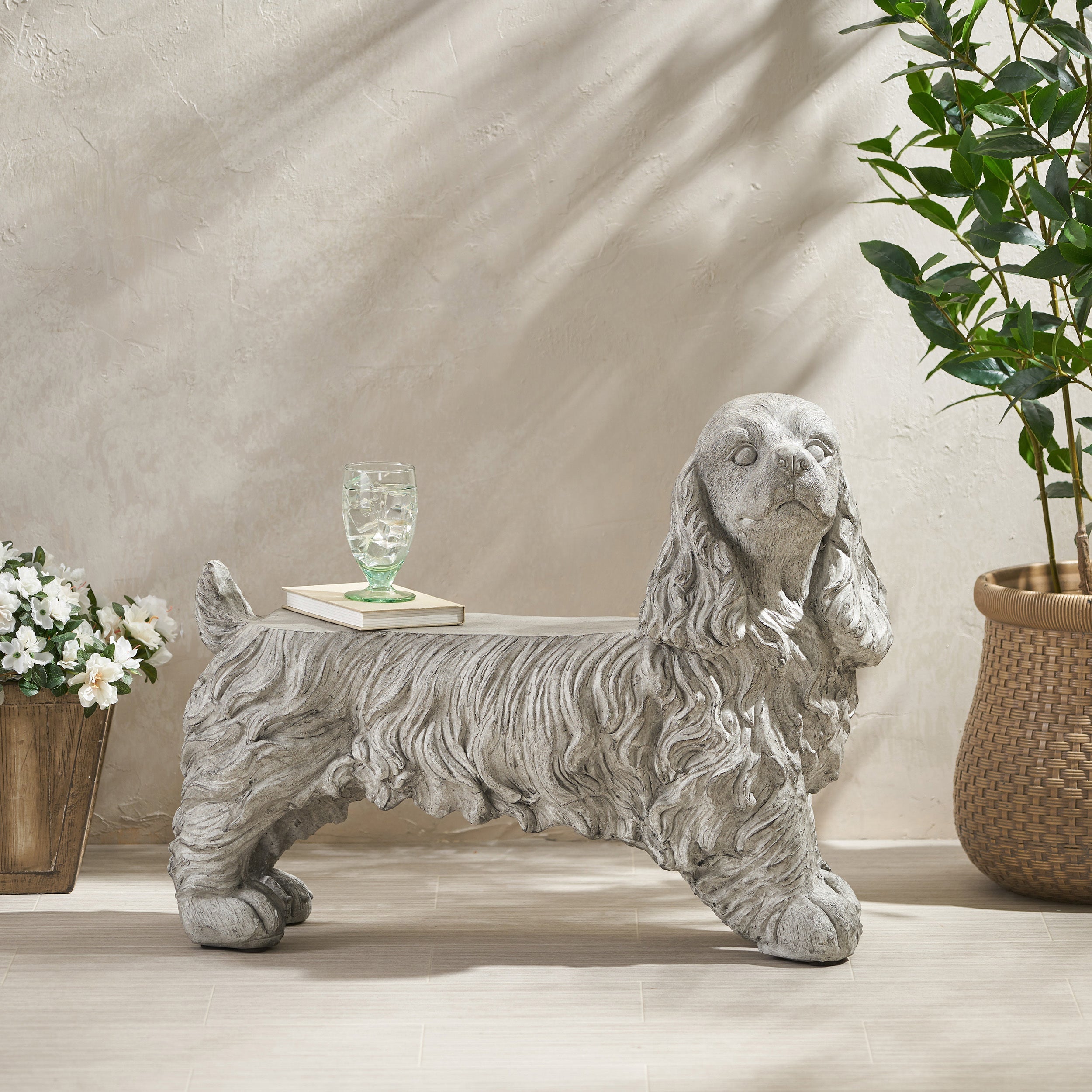 Charming Cocker Spaniel Dog Statue Bench Gray Magnesium Oxide