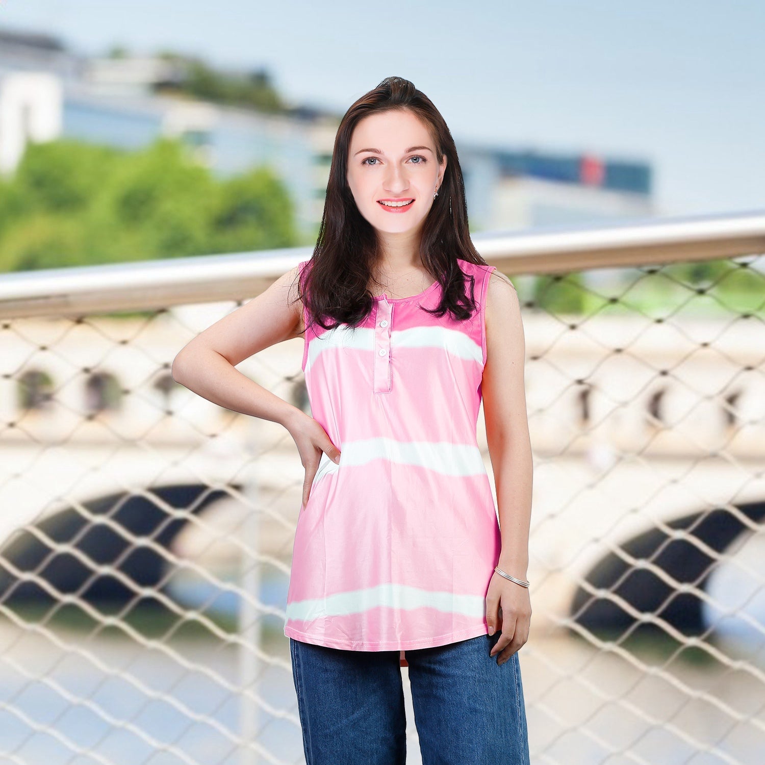 Women Tie-dye Sleeveless Tank Tops Summer Loose T Shirts Tops Button Down Shirts Vest Blouse Plus Size