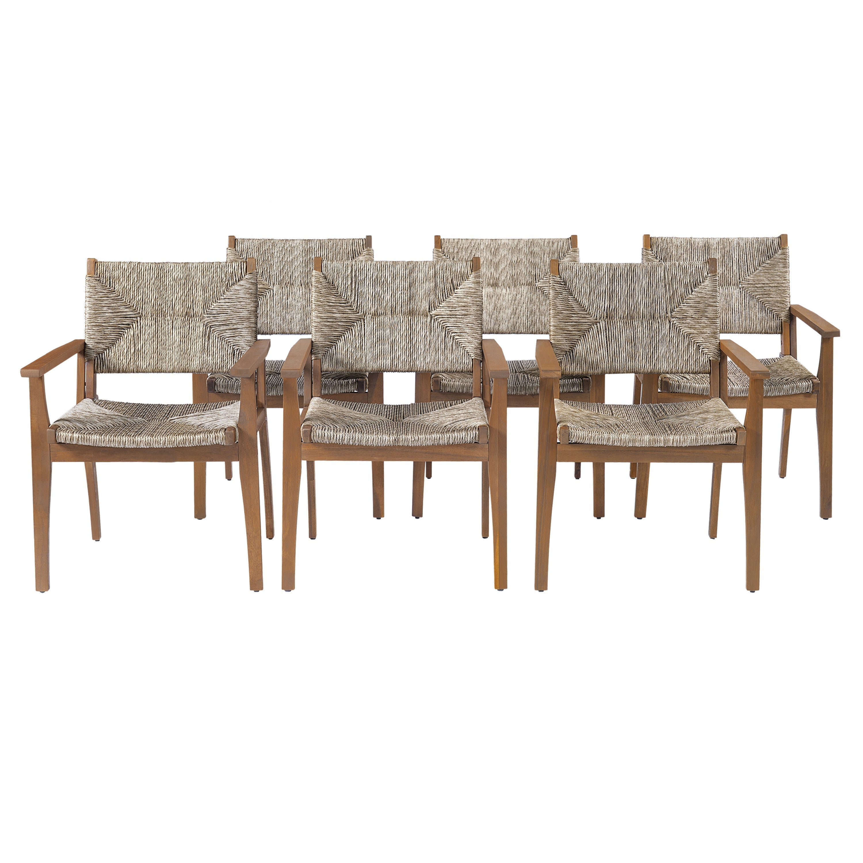 5-Piece Outdoor Dining Set: Brown Round Acacia Wood Table & 4 Brown Wicker Armchairs