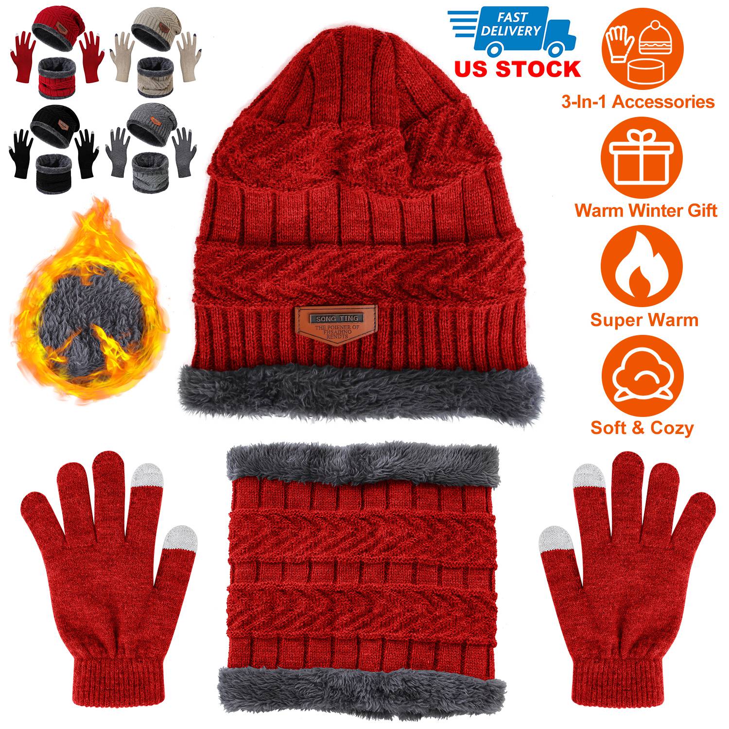 Winter Knitted Hat Scarf Gloves 3Pcs Winter Warm Beanie and Touch Screen Gloves Scarf Set Knit Beanie Skull Cap Neck Warmer Mittens for Men Women