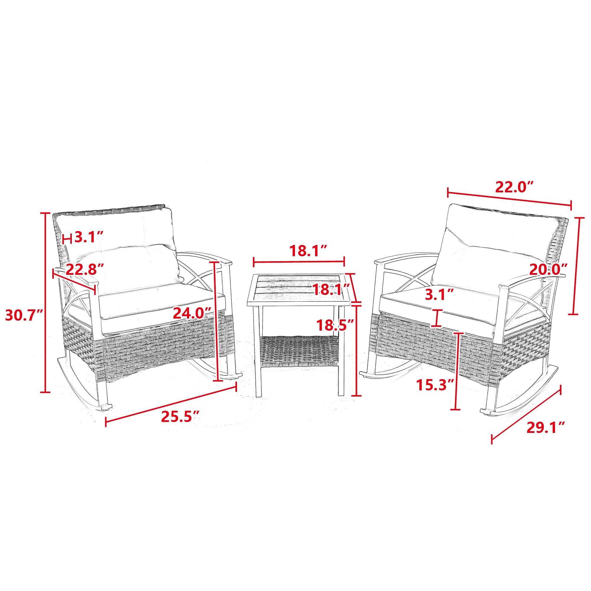 3pcs Rocking Rattan Set - Grey
