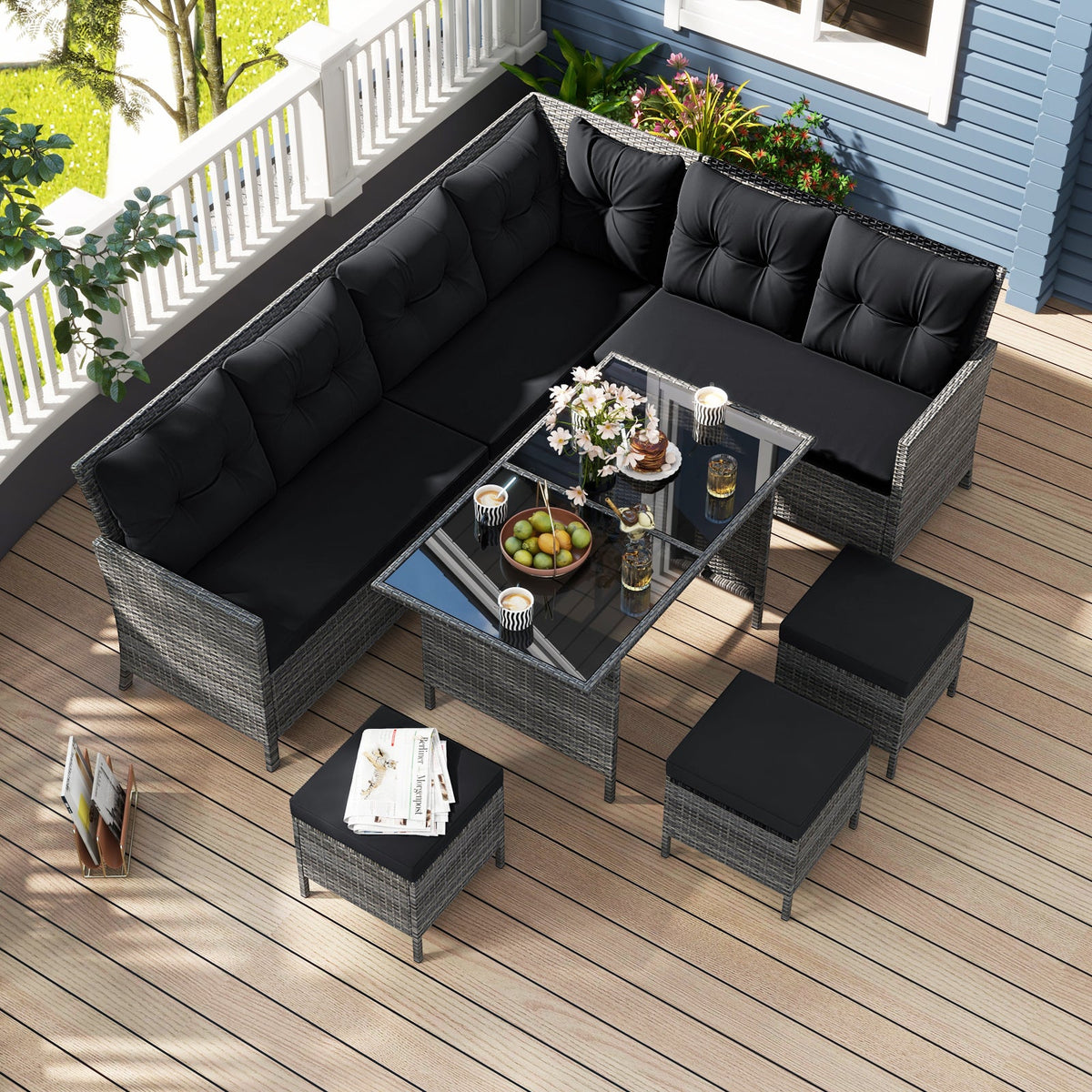 7 Pieces Patio Dining Furniture Set with Soft Cushions and Ottomans
