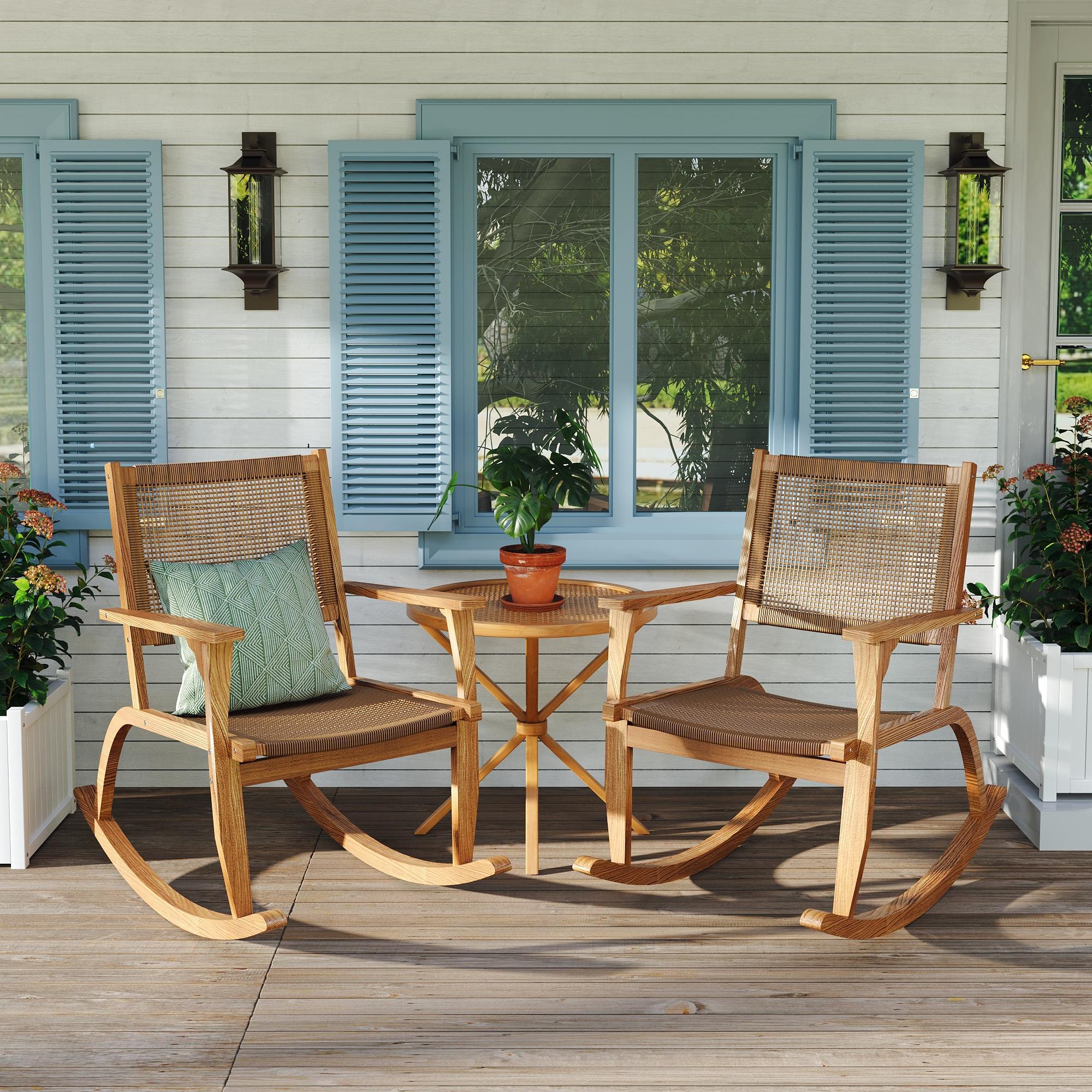 GO 2 Pieces Patio Rocking Chair Set, Natural Acacia Wood and Wicker