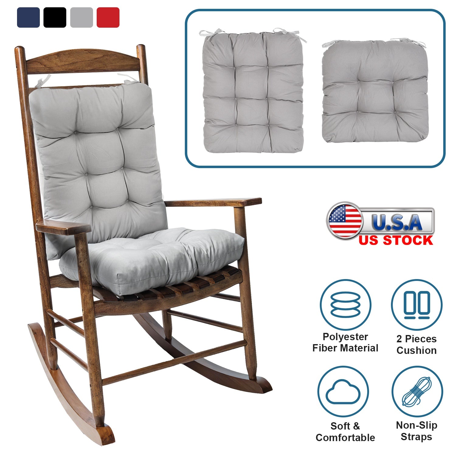 2Pcs Rocking Chair Cushion Upper And Lower Back And Seat Sets with Non-Slip Ties Polyester Fiber Filling Comfortable for Indoor Home Office Car