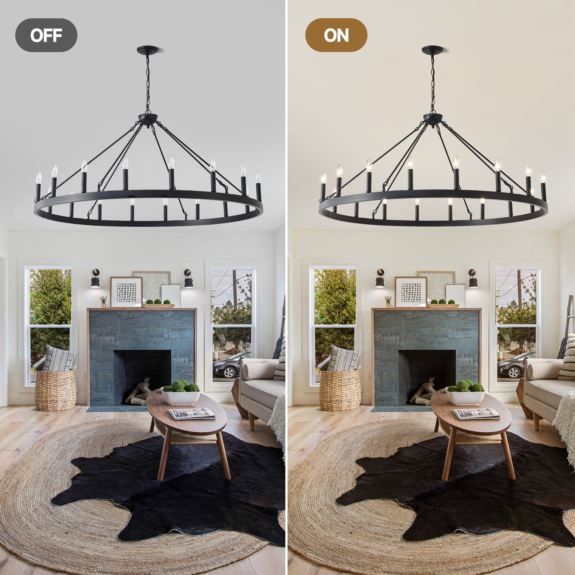 53.15 Inch Matte Black Wagon Wheel Chandelier with 18 Lights