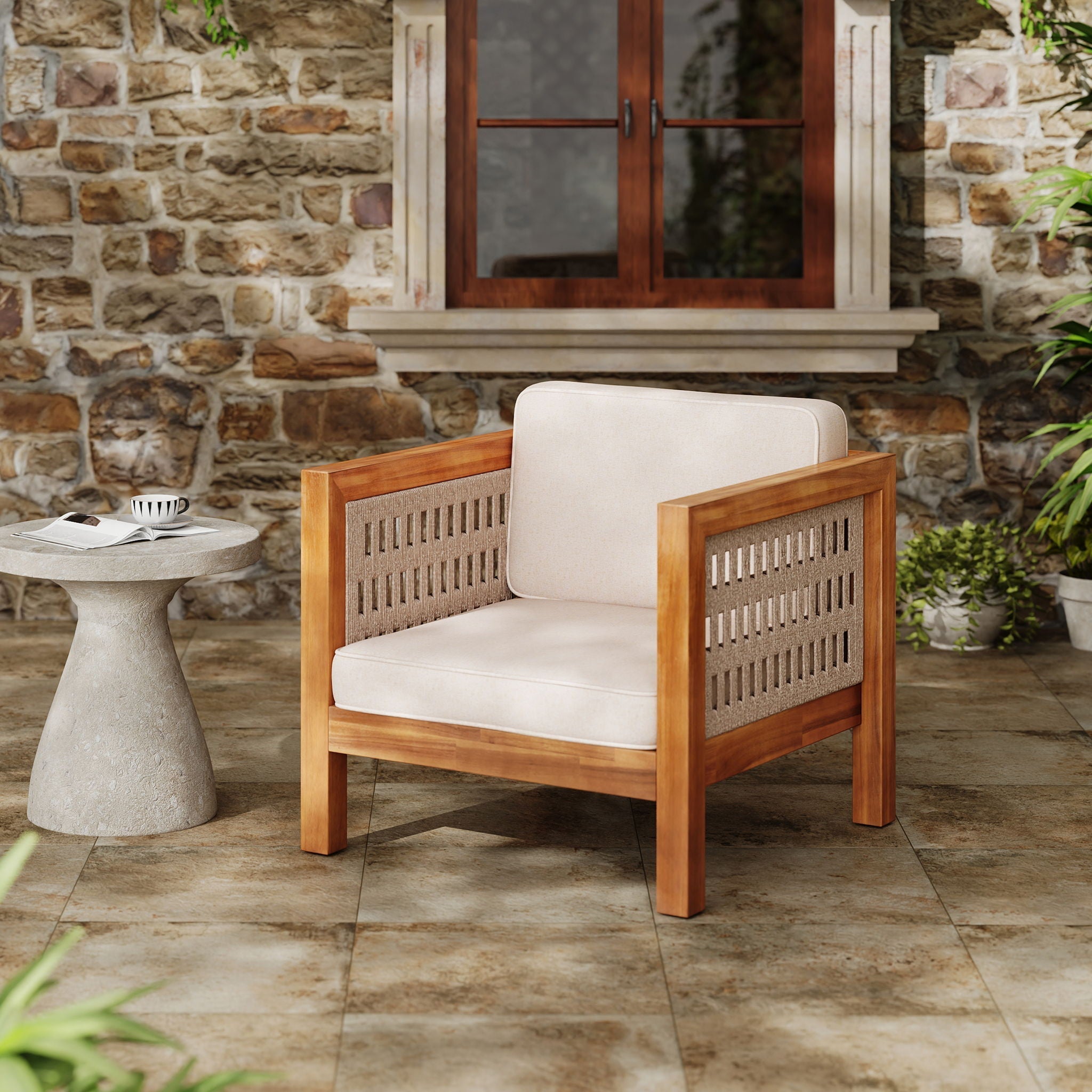 Outdoor Club Chair with Rope Arm and Cushions - Beige / Teak