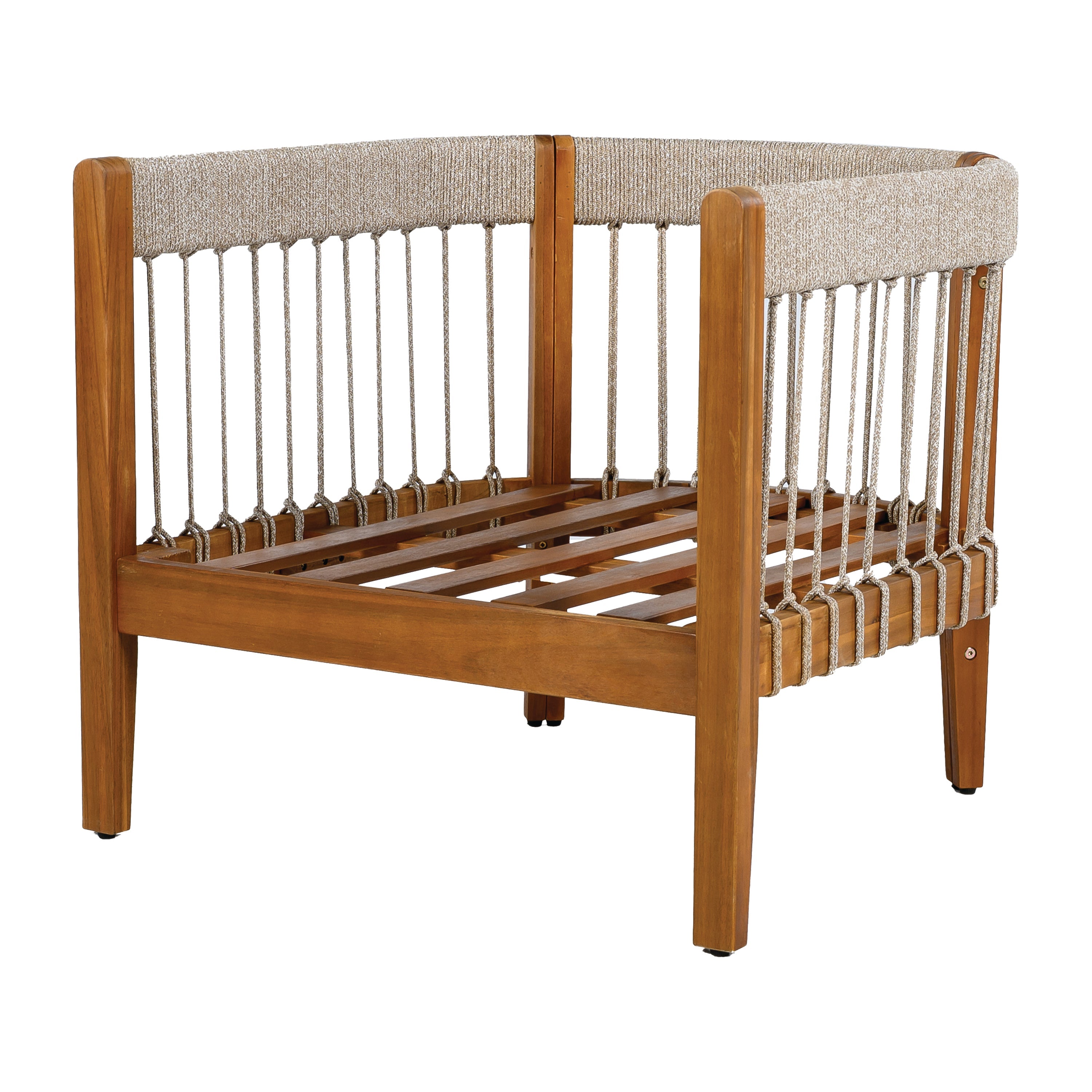 Acacia Wood Outdoor Club Chair with Handwoven Rope Accents & Curved Backrest