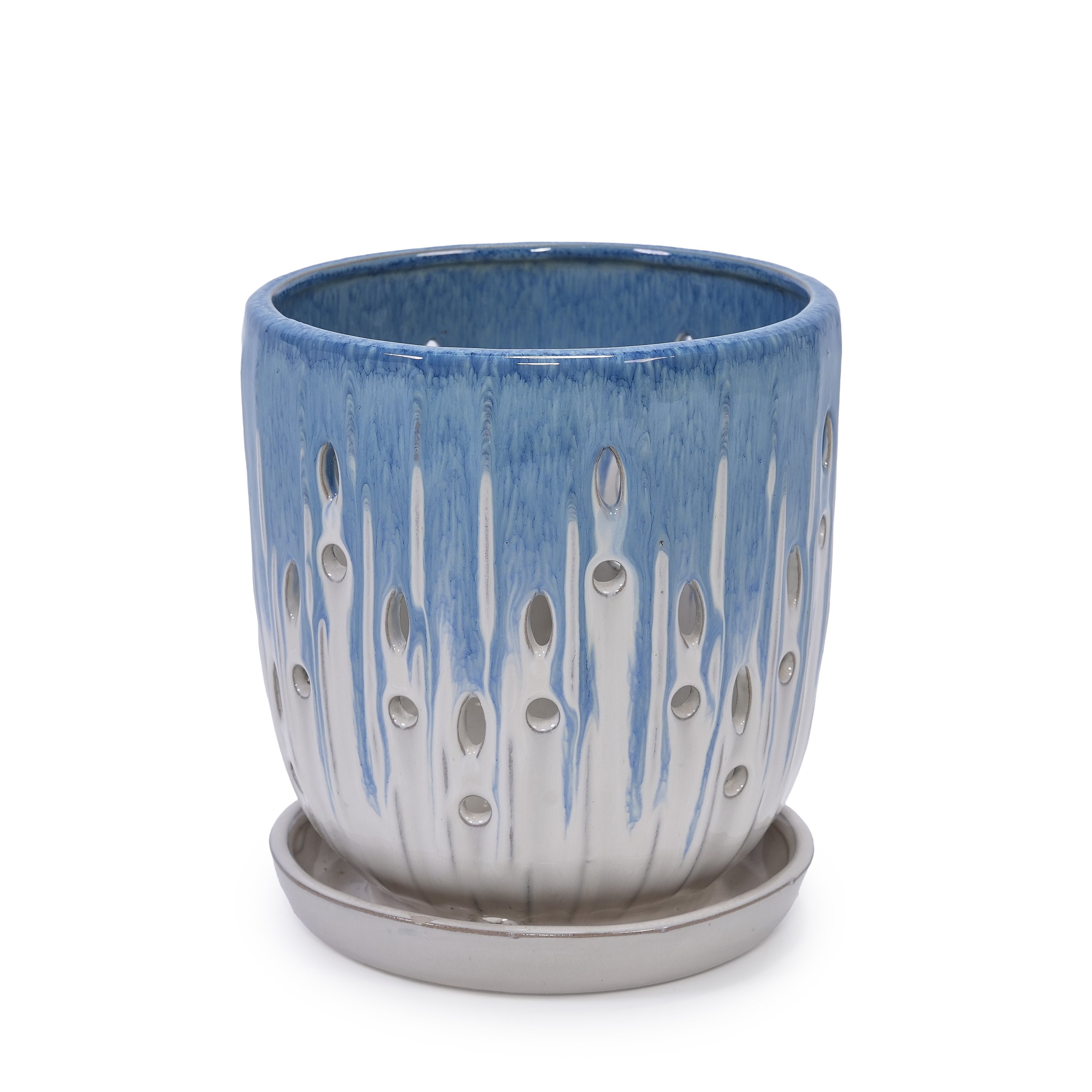 Set of 2 Ceramic Flowerpot with Drainage Hole, 8' Modern Planter for Patio, Garden, Windowsill - White Blue