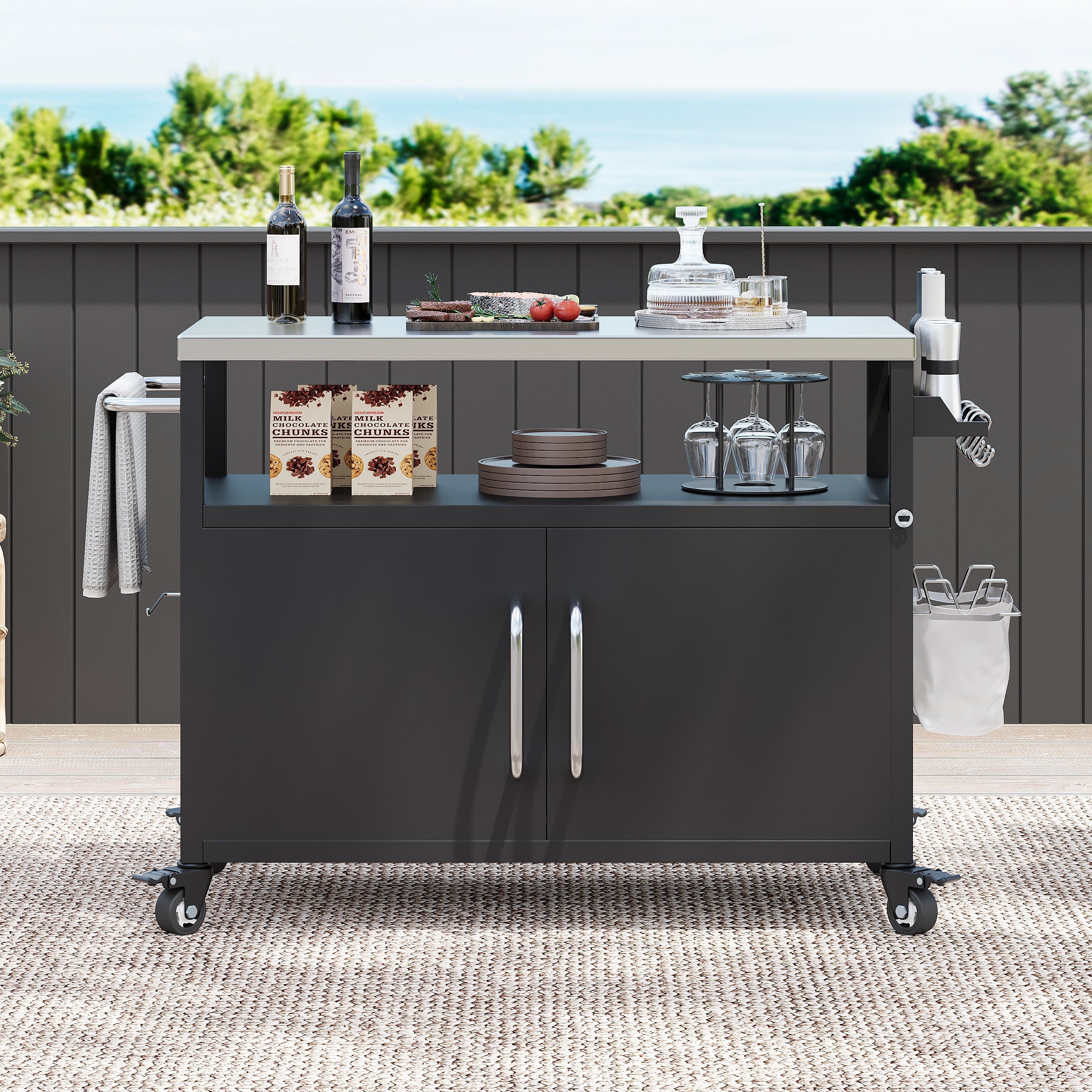 K&K 54.5 Inch Outdoor Kitchen Island with Stainless Steel Tabletop