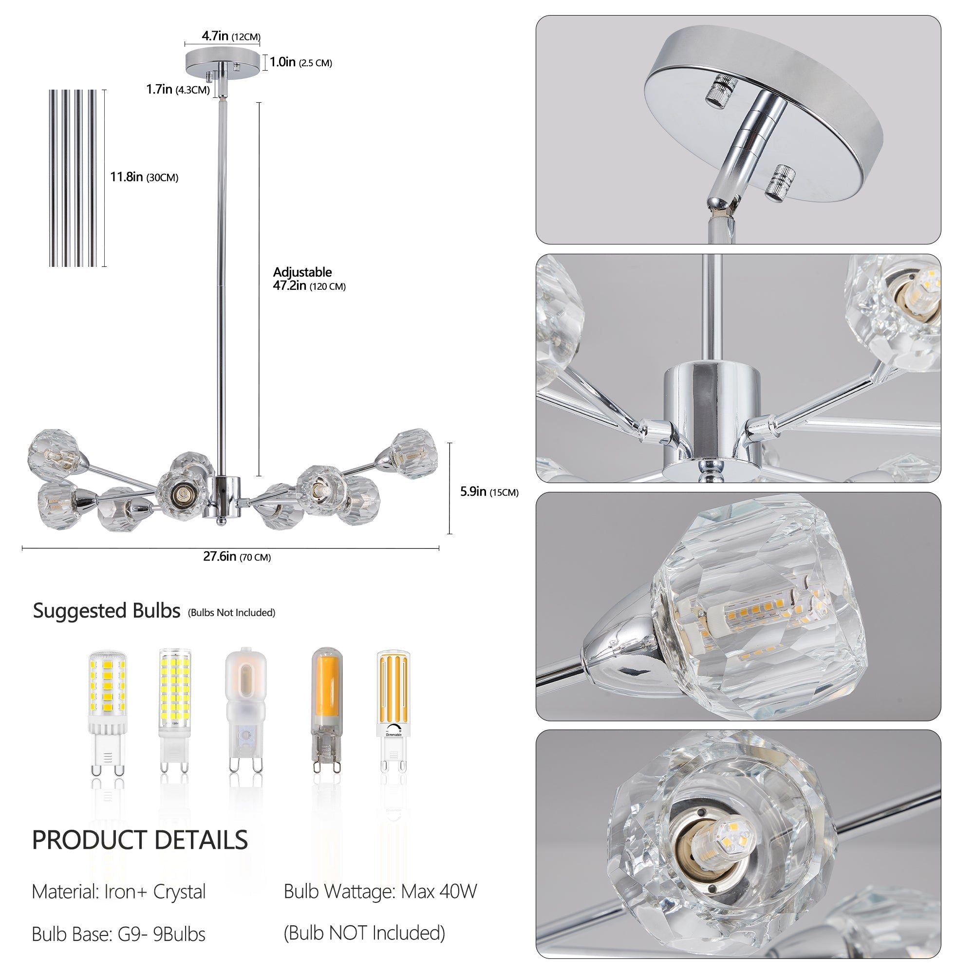 28" Modern Crystal Chandelier With 9 Lights