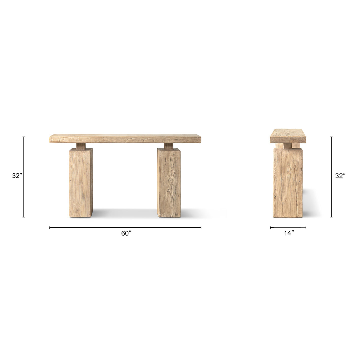 Calder 60' Solid Reclaimed Elm Plinth Console Table, Heritage Light Natural Brown