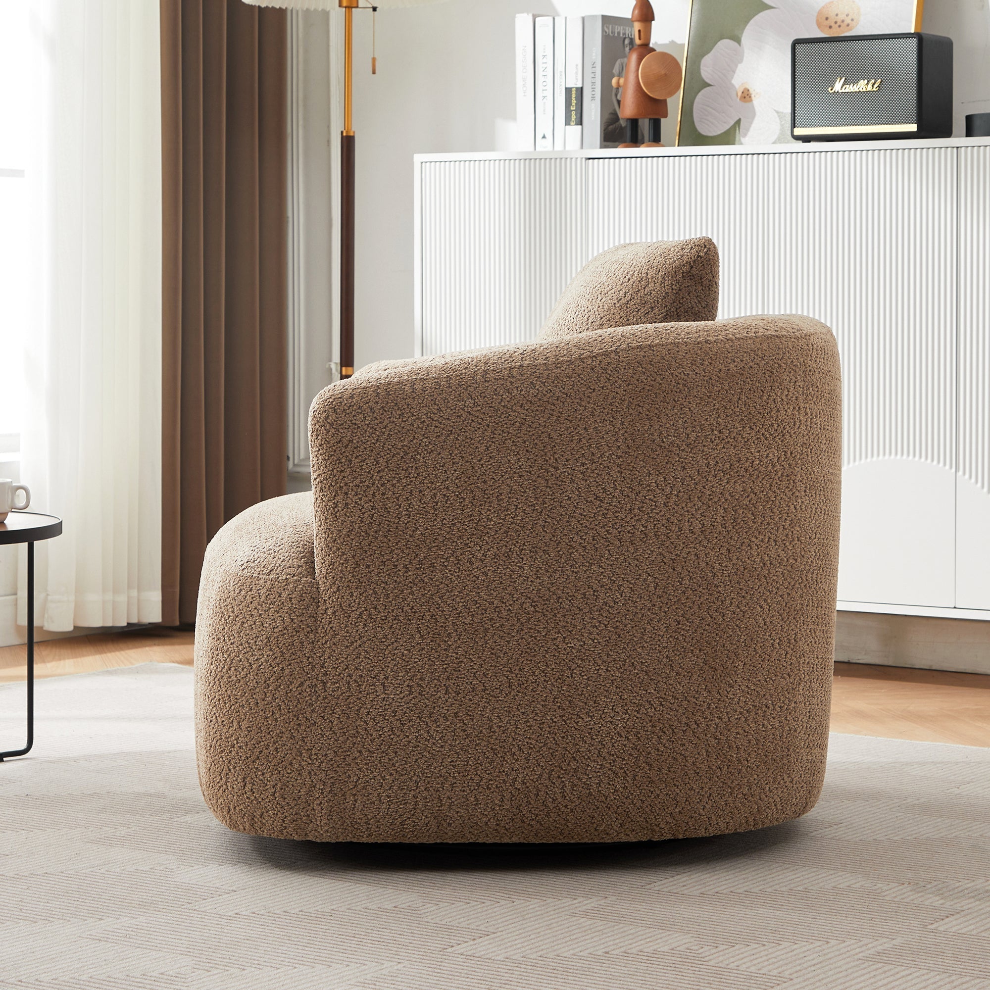 Chenille Upholstered 360° Swivel Chair with Throw Pillow, Dark Brown
