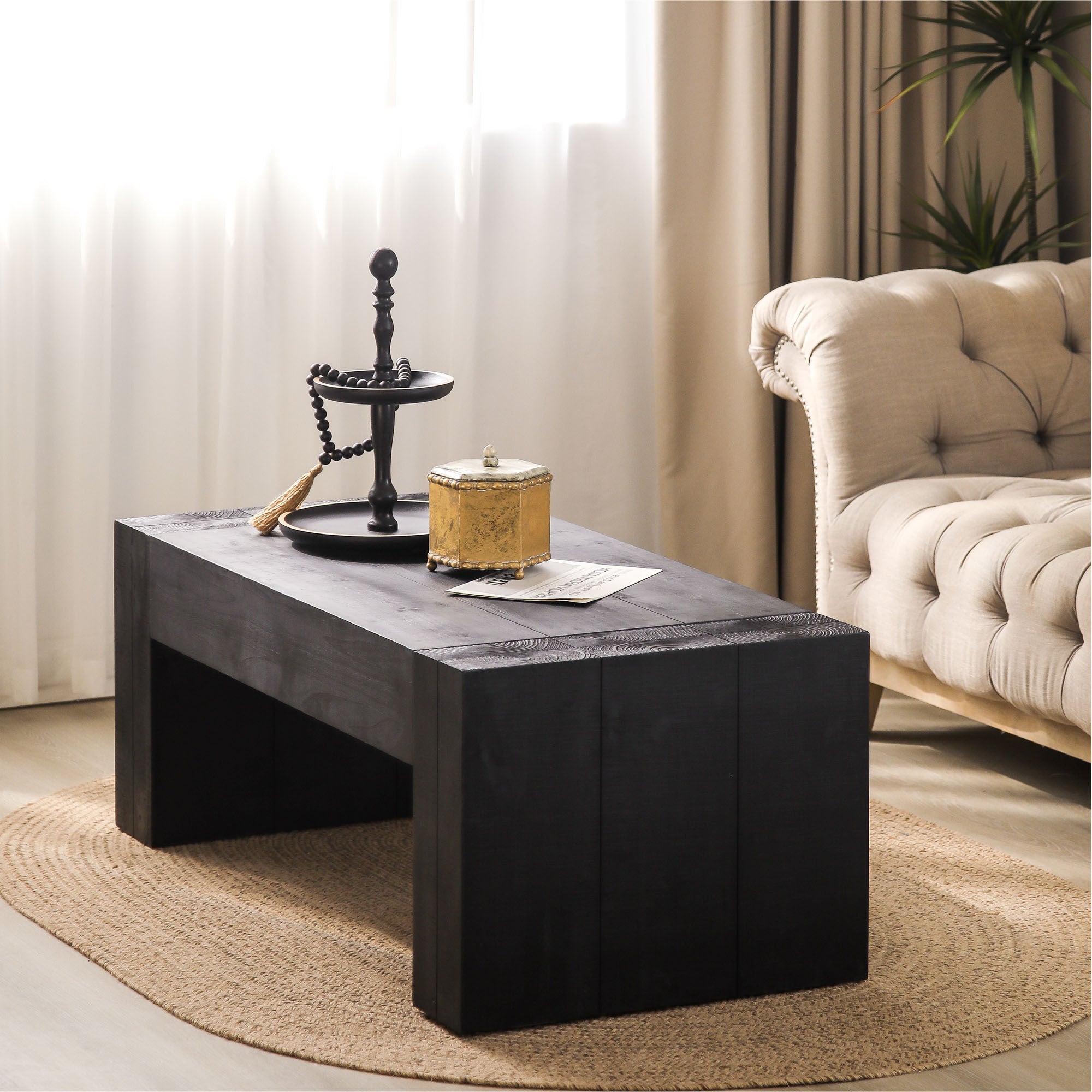 Modern Black Solid Wood Coffee Table, 49in Rectangular