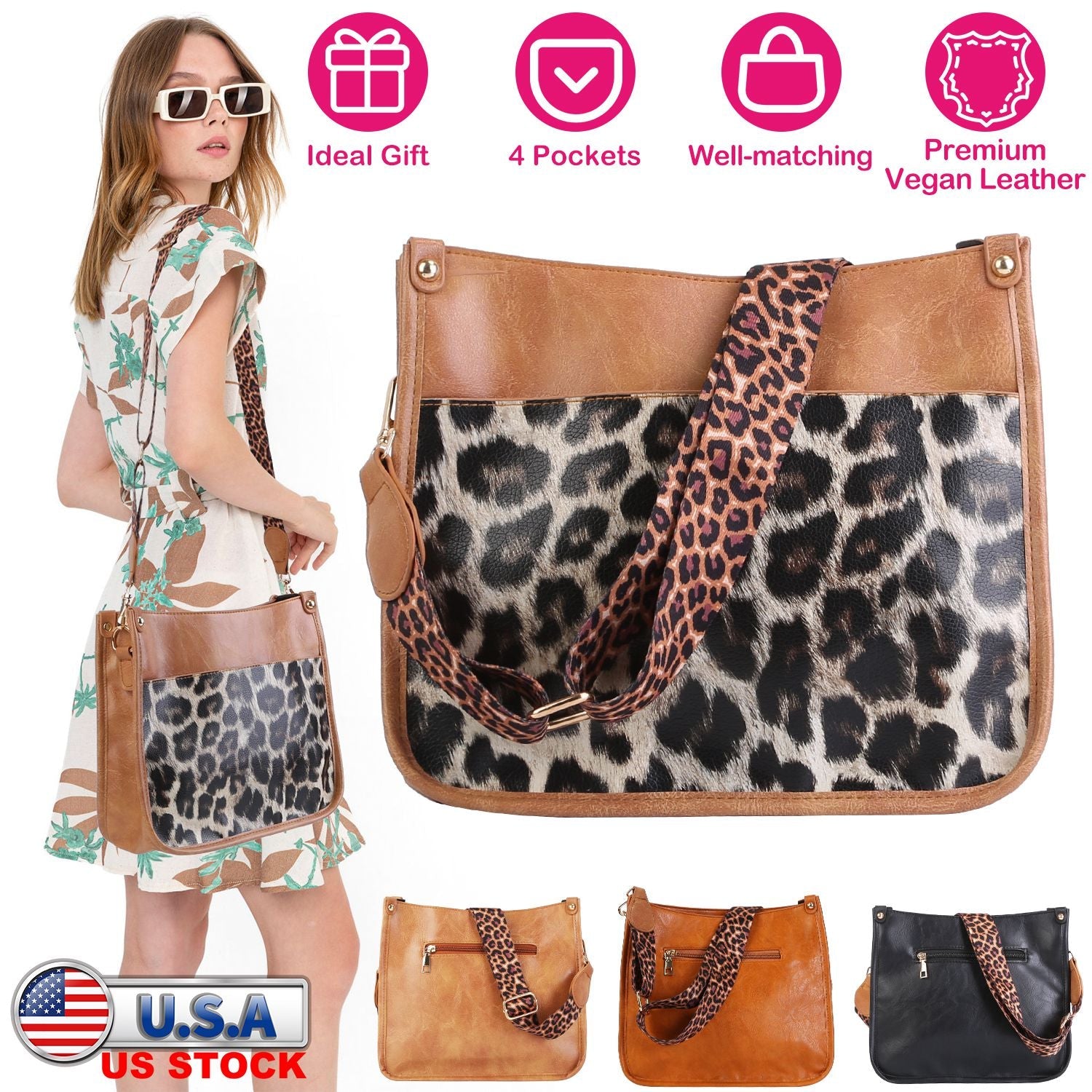 Women Fashion Leather Crossbody Bag Shoulder Bag Casual Handbag with Flexible Wearing Styles Adjustable Guitar Strap