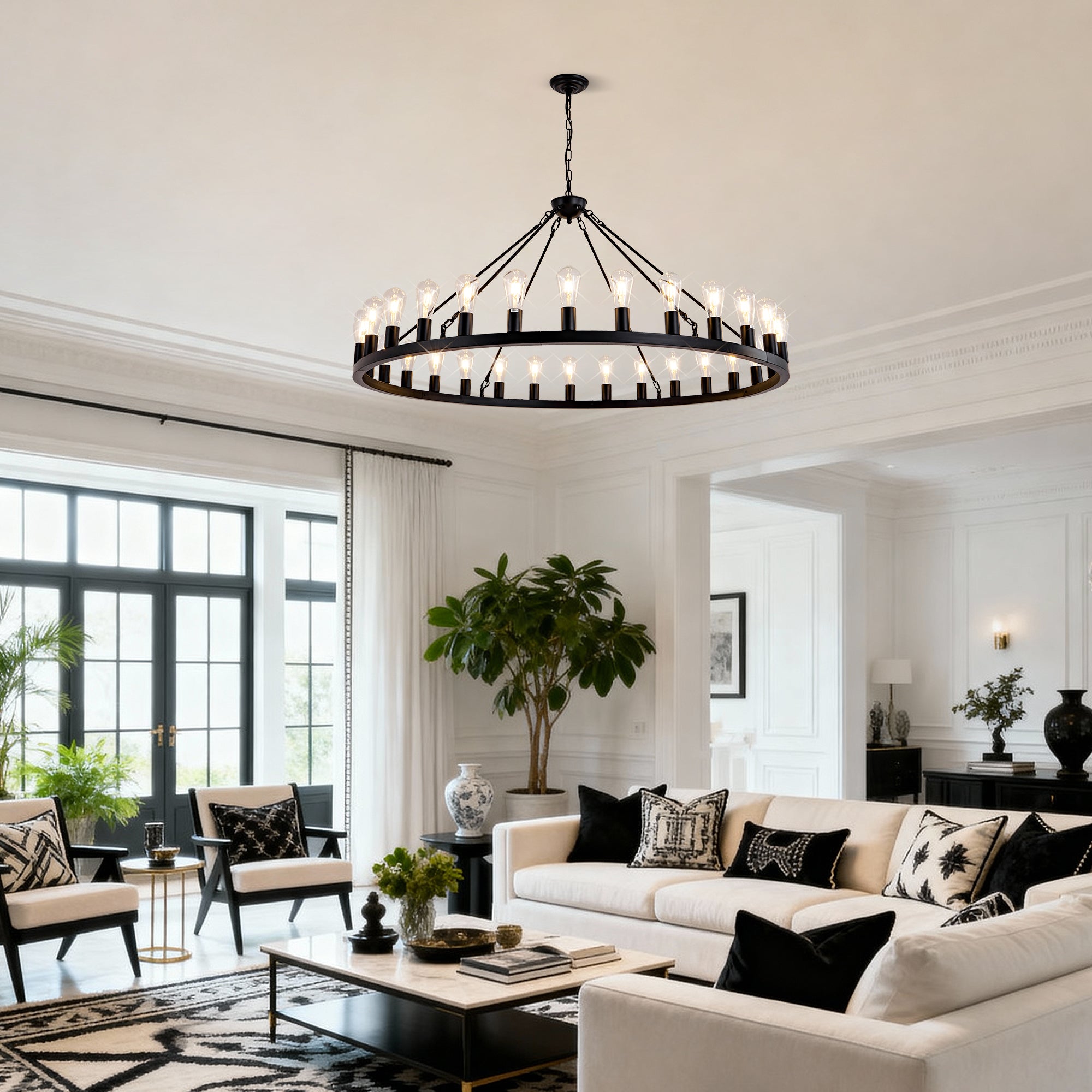 64 Inch Matte Black Wagon Wheel Chandelier With 30 Lights