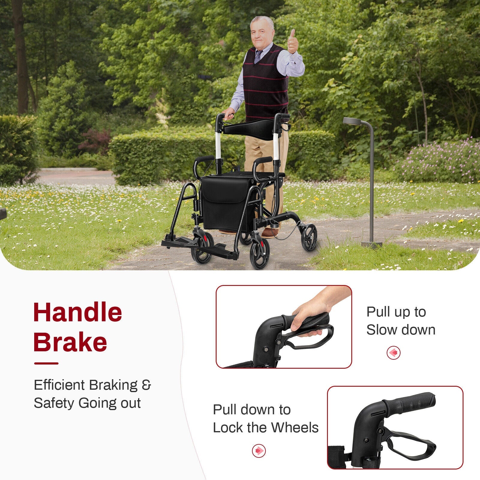 Folding Rollator Walker with 8-inch Wheels and Seat-Black